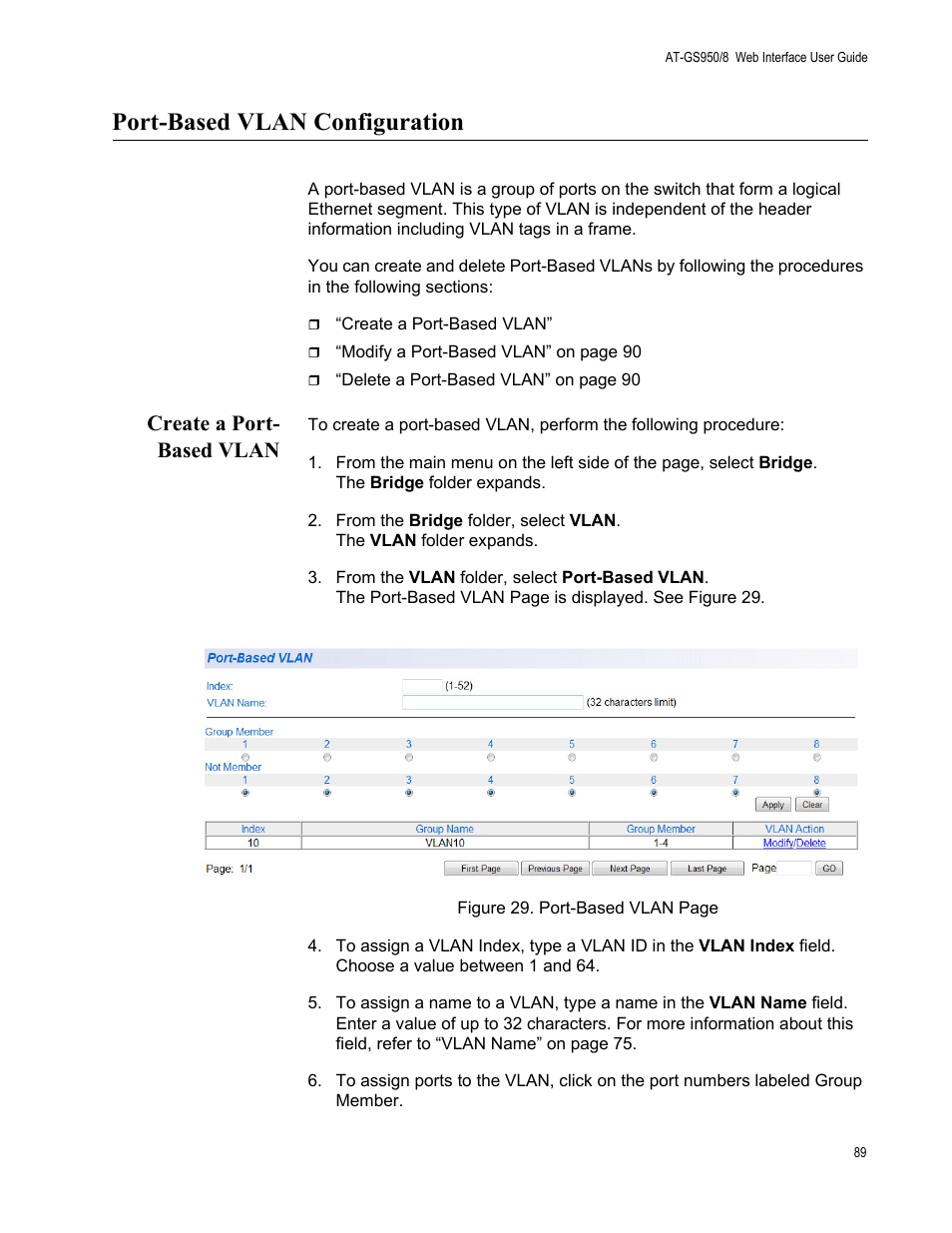 Port-based vlan configuration, Create a port- based vlan, Create a port-based vlan | Allied Telesis AT-GS950/8 User Manual | Page 89 / 364