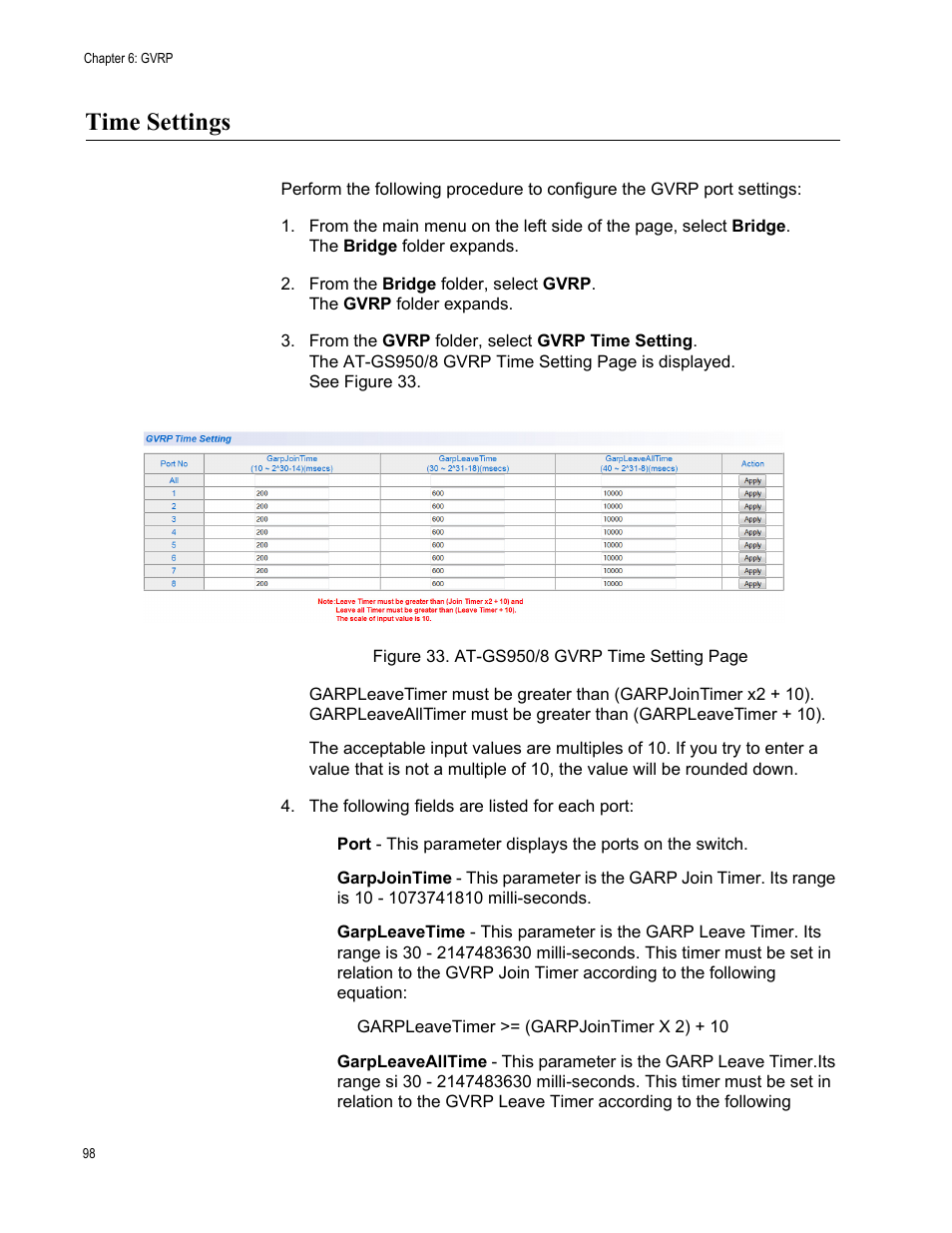 Time settings | Allied Telesis AT-GS950/8 User Manual | Page 98 / 364