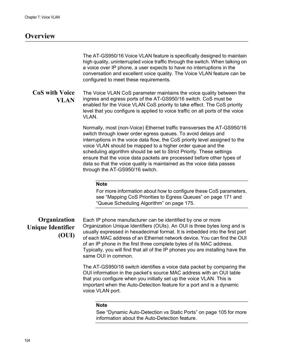 Overview, Cos with voice vlan, Organization unique identifier (oui) | Allied Telesis AT-GS950/16 User Manual | Page 104 / 364