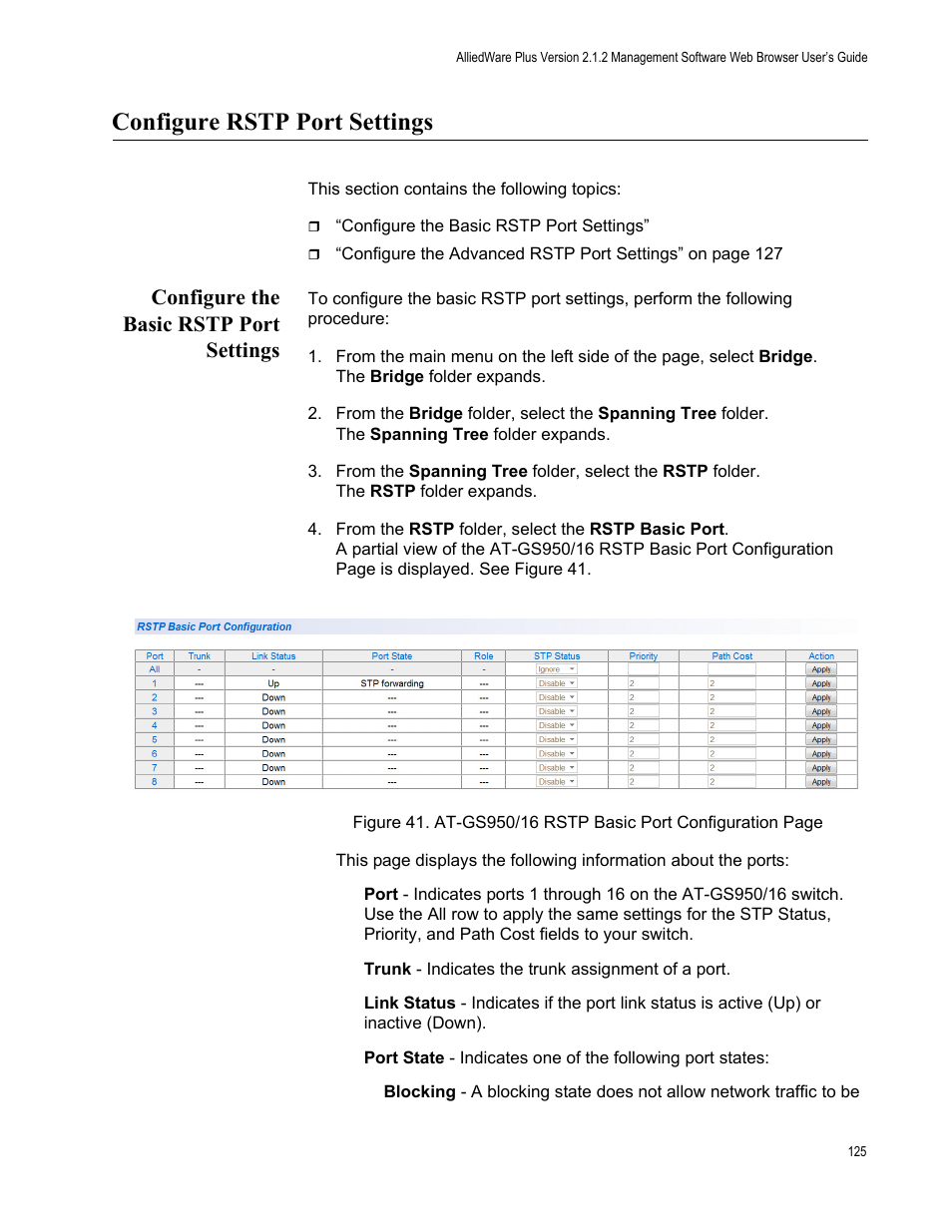 Configure rstp port settings, Configure the basic rstp port settings | Allied Telesis AT-GS950/16 User Manual | Page 125 / 364