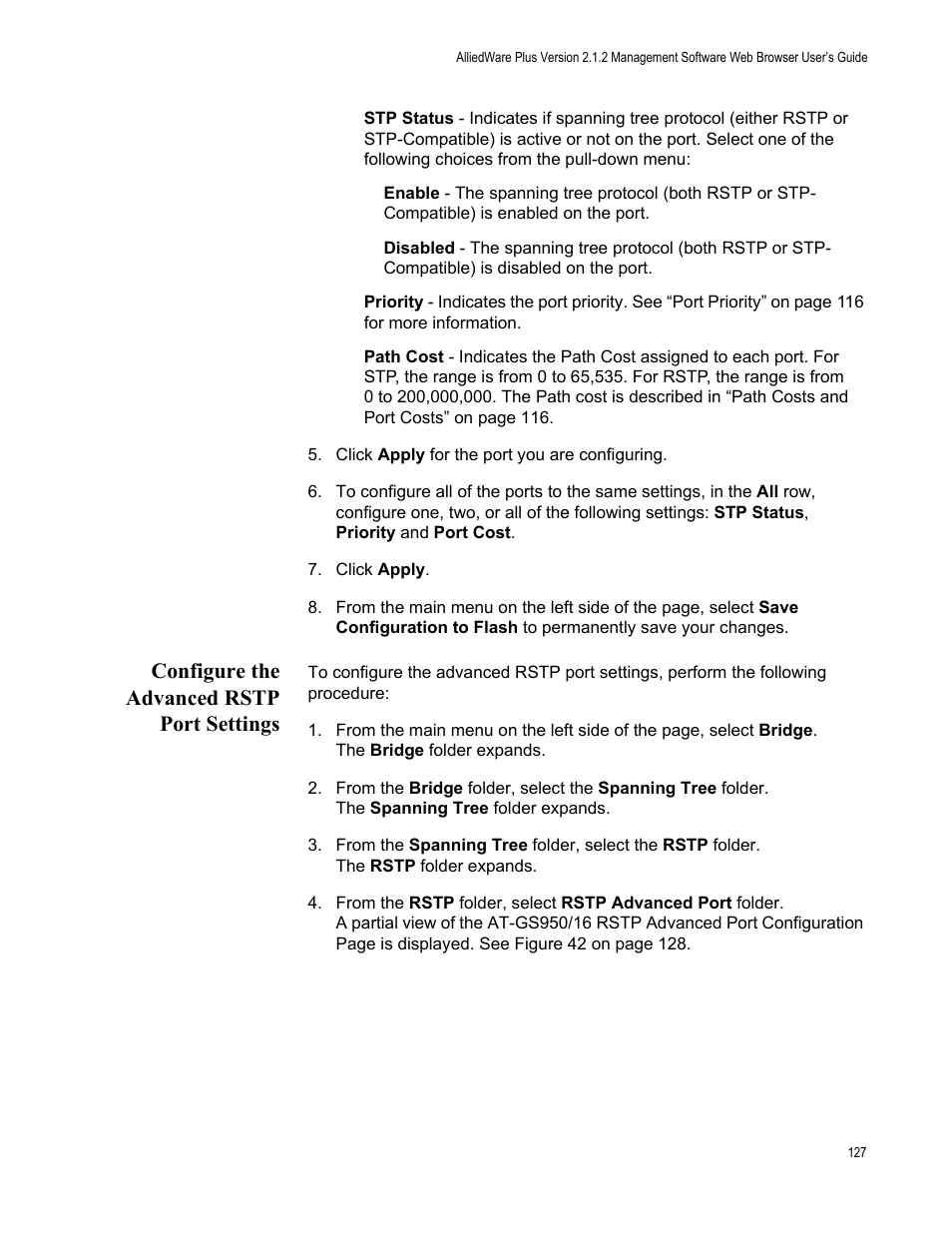 Configure the advanced rstp port settings | Allied Telesis AT-GS950/16 User Manual | Page 127 / 364