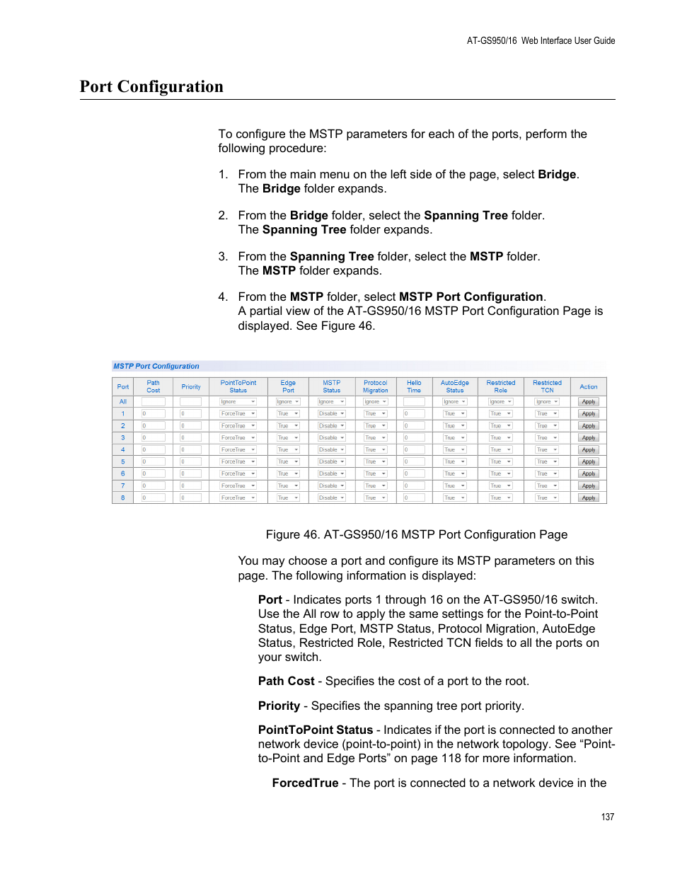 Port configuration | Allied Telesis AT-GS950/16 User Manual | Page 137 / 364