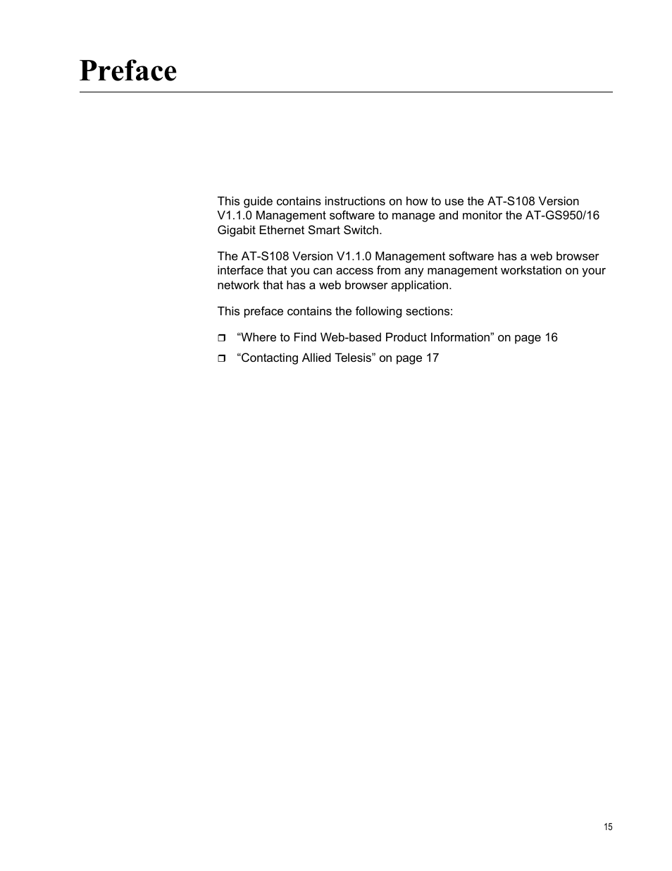 Preface | Allied Telesis AT-GS950/16 User Manual | Page 15 / 364