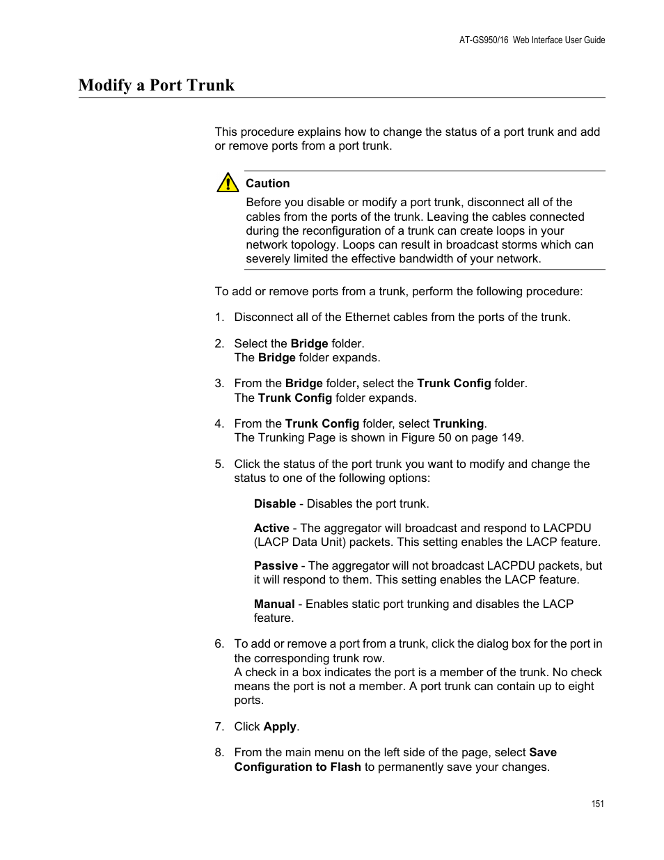 Modify a port trunk | Allied Telesis AT-GS950/16 User Manual | Page 151 / 364