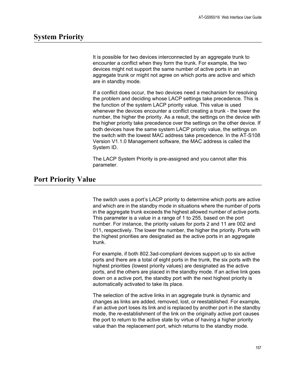 System priority, Port priority value, System priority port priority value | Allied Telesis AT-GS950/16 User Manual | Page 157 / 364