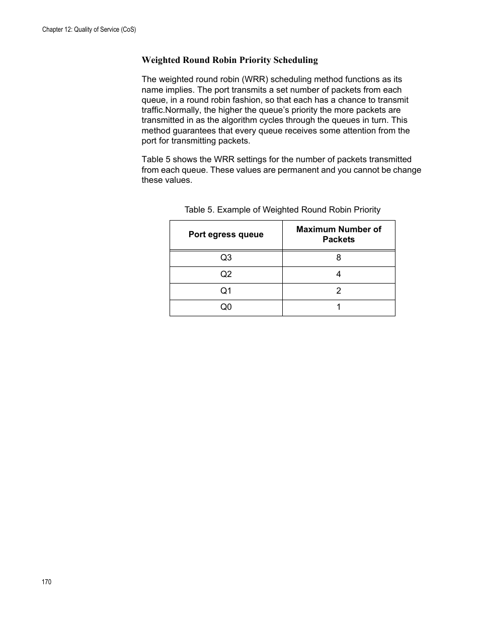 Table 5. example of weighted round robin priority | Allied Telesis AT-GS950/16 User Manual | Page 170 / 364