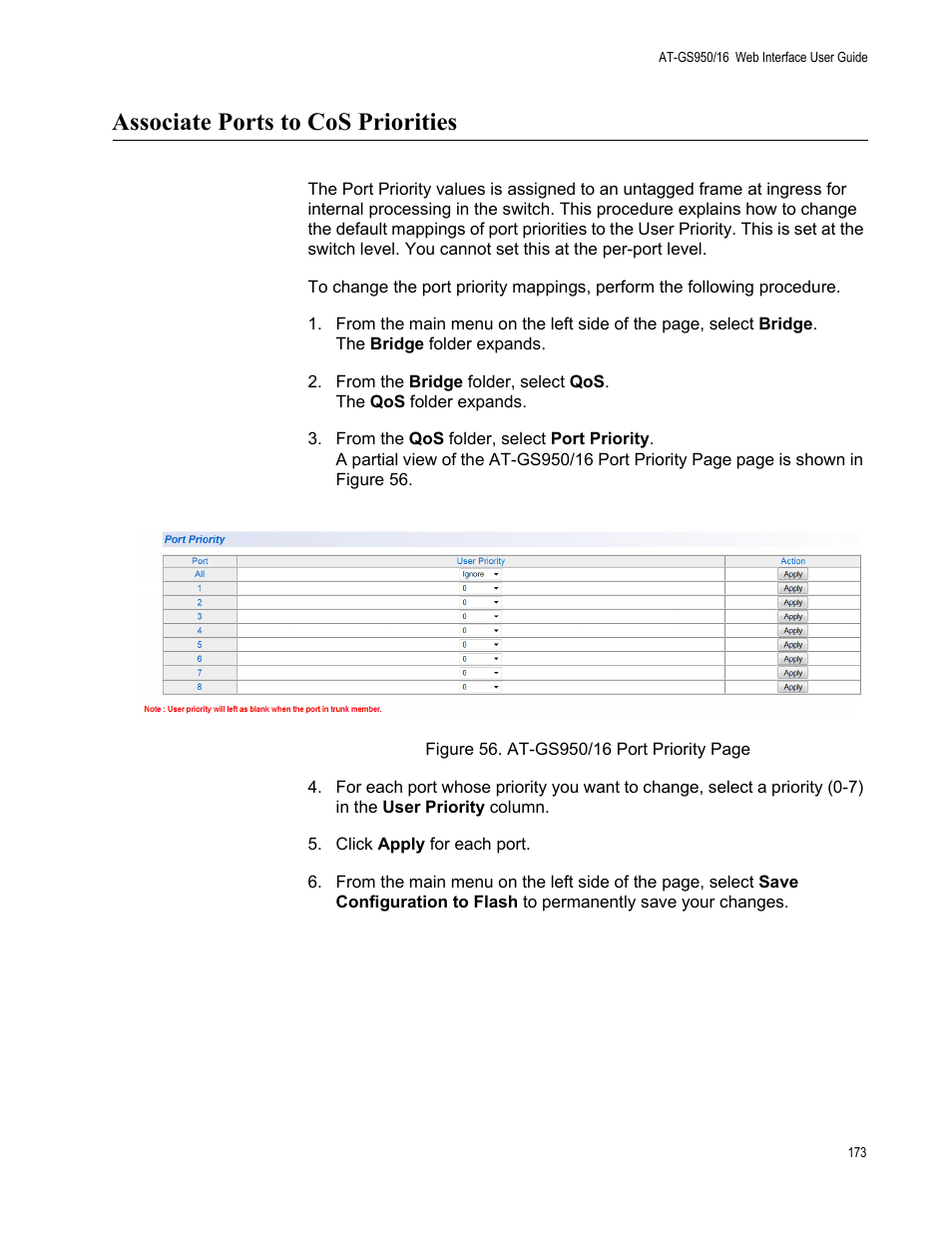 Associate ports to cos priorities | Allied Telesis AT-GS950/16 User Manual | Page 173 / 364