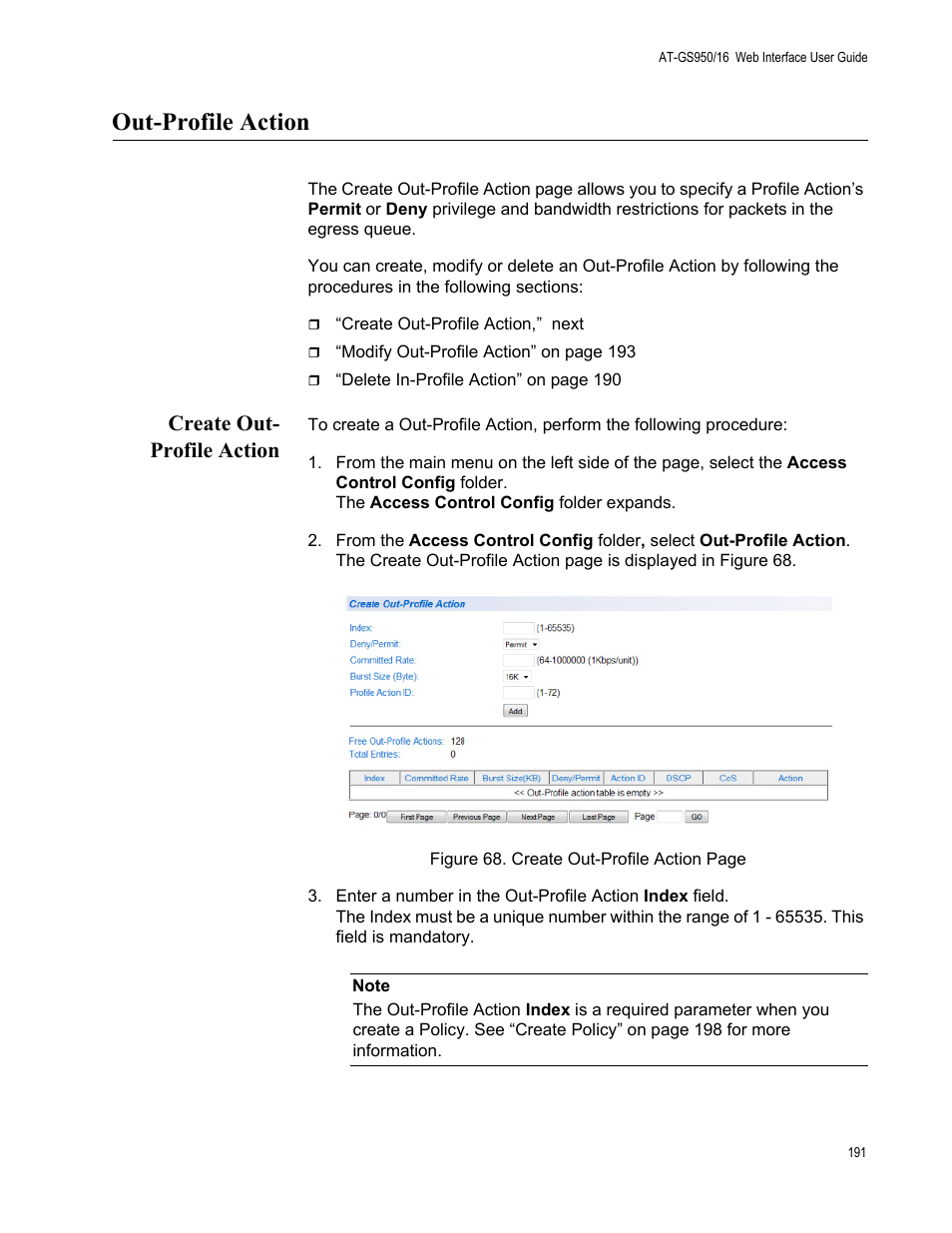 Out-profile action, Create out- profile action, Create out-profile action | Allied Telesis AT-GS950/16 User Manual | Page 191 / 364