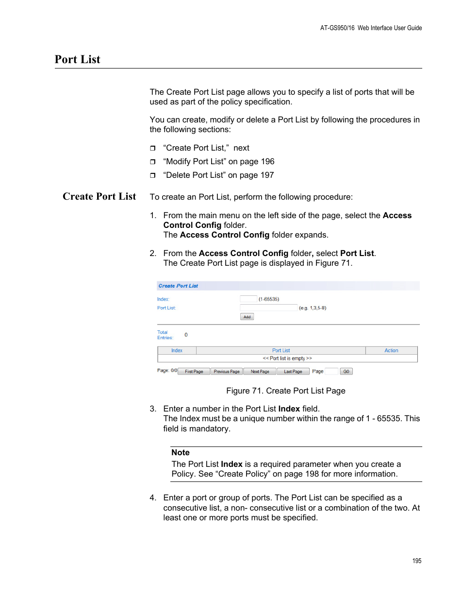 Port list, Create port list | Allied Telesis AT-GS950/16 User Manual | Page 195 / 364