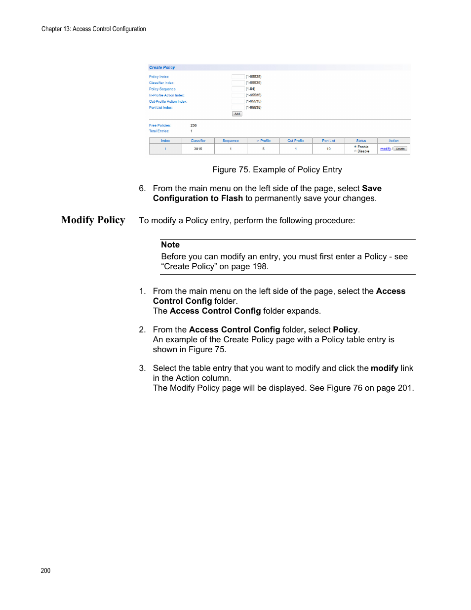 Modify policy, Figure 75. example of policy entry | Allied Telesis AT-GS950/16 User Manual | Page 200 / 364