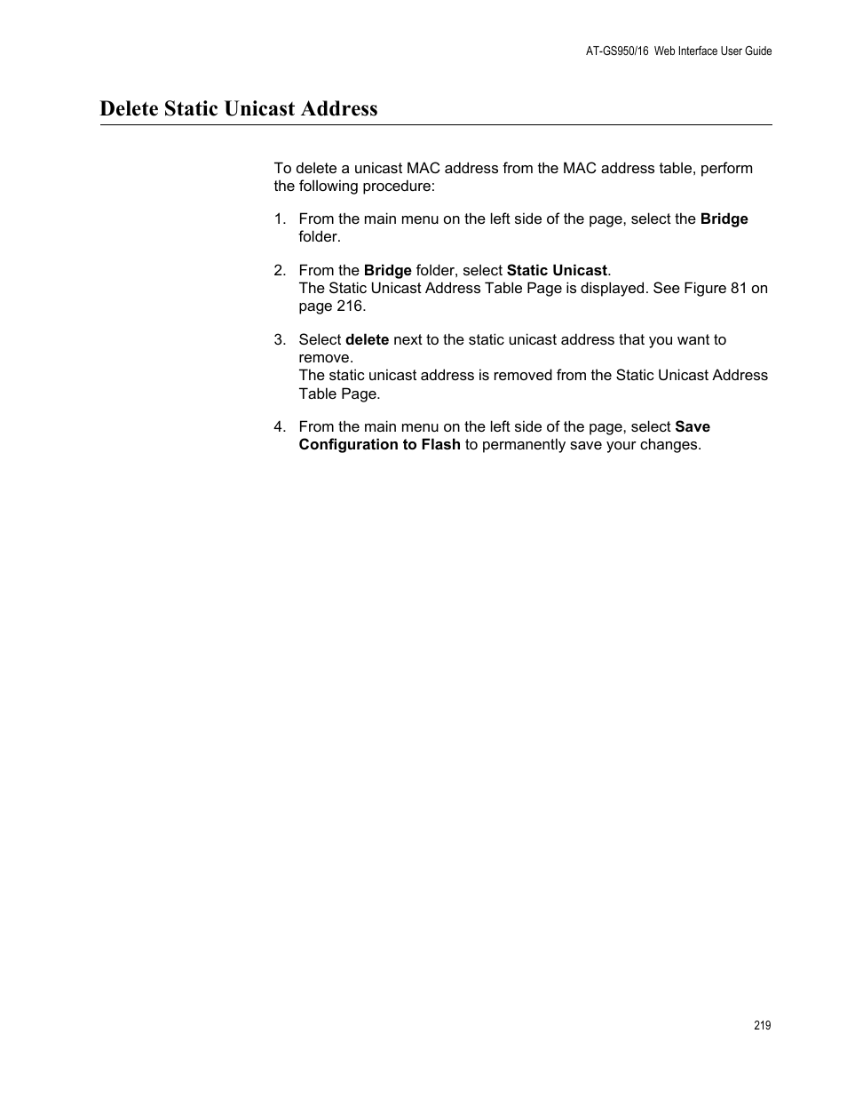 Delete static unicast address | Allied Telesis AT-GS950/16 User Manual | Page 219 / 364