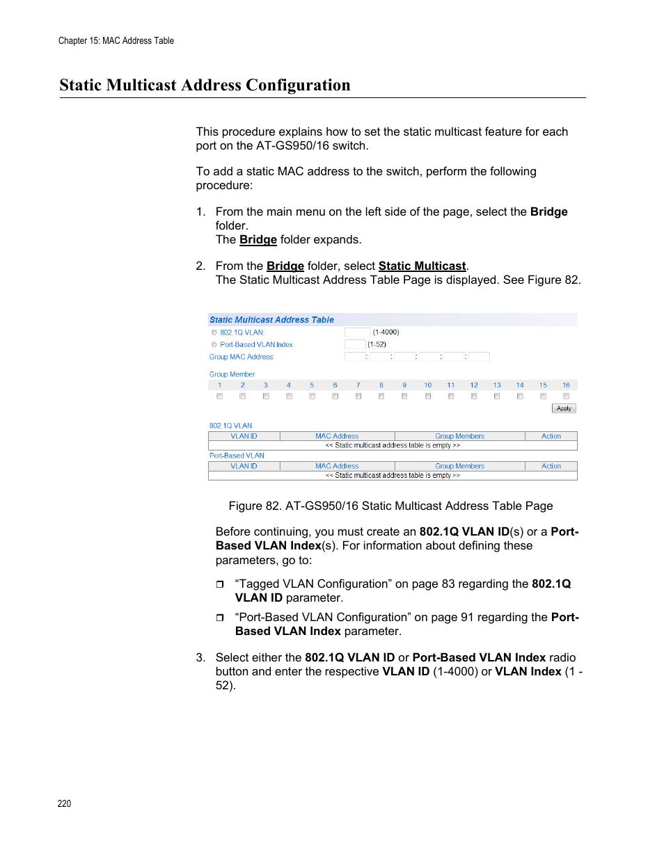 Static multicast address configuration | Allied Telesis AT-GS950/16 User Manual | Page 220 / 364