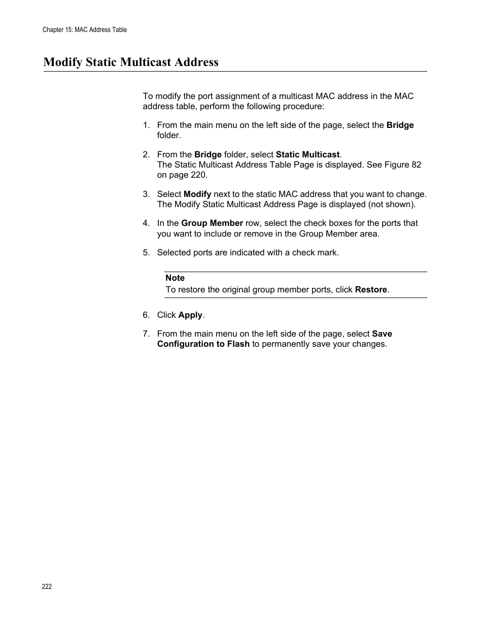 Modify static multicast address | Allied Telesis AT-GS950/16 User Manual | Page 222 / 364