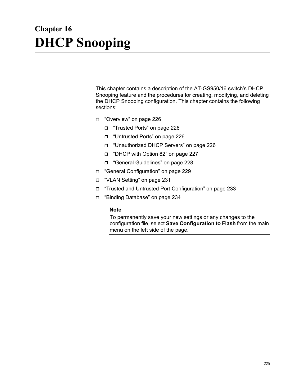 Chapter 16, Dhcp snooping | Allied Telesis AT-GS950/16 User Manual | Page 225 / 364