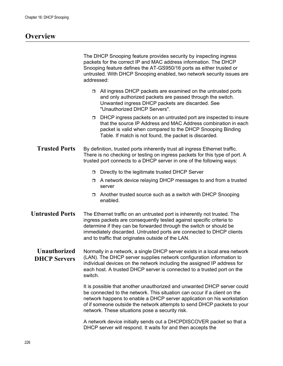 Overview, Trusted ports, Untrusted ports | Unauthorized dhcp servers | Allied Telesis AT-GS950/16 User Manual | Page 226 / 364