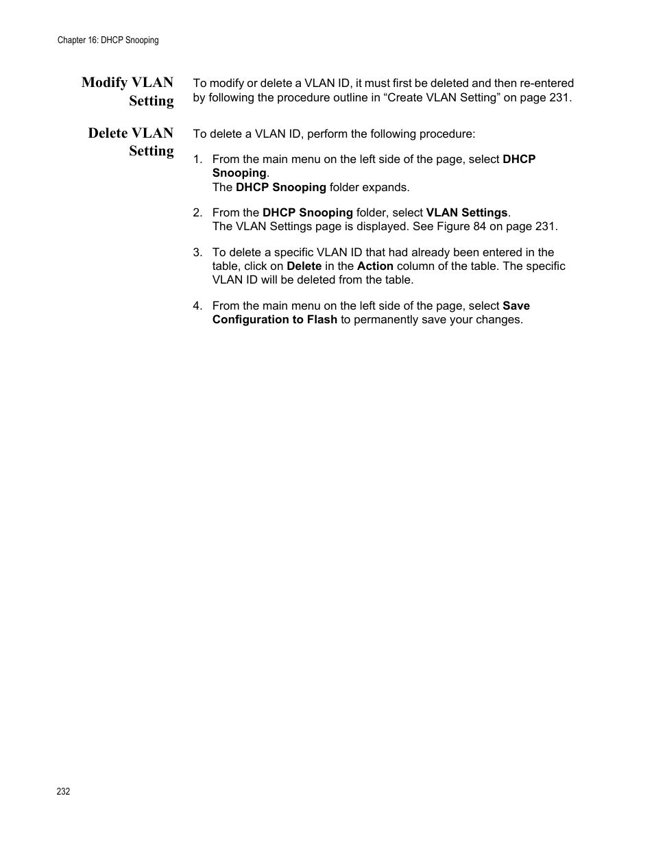 Modify vlan setting, Delete vlan setting, Modify vlan setting delete vlan setting | Allied Telesis AT-GS950/16 User Manual | Page 232 / 364