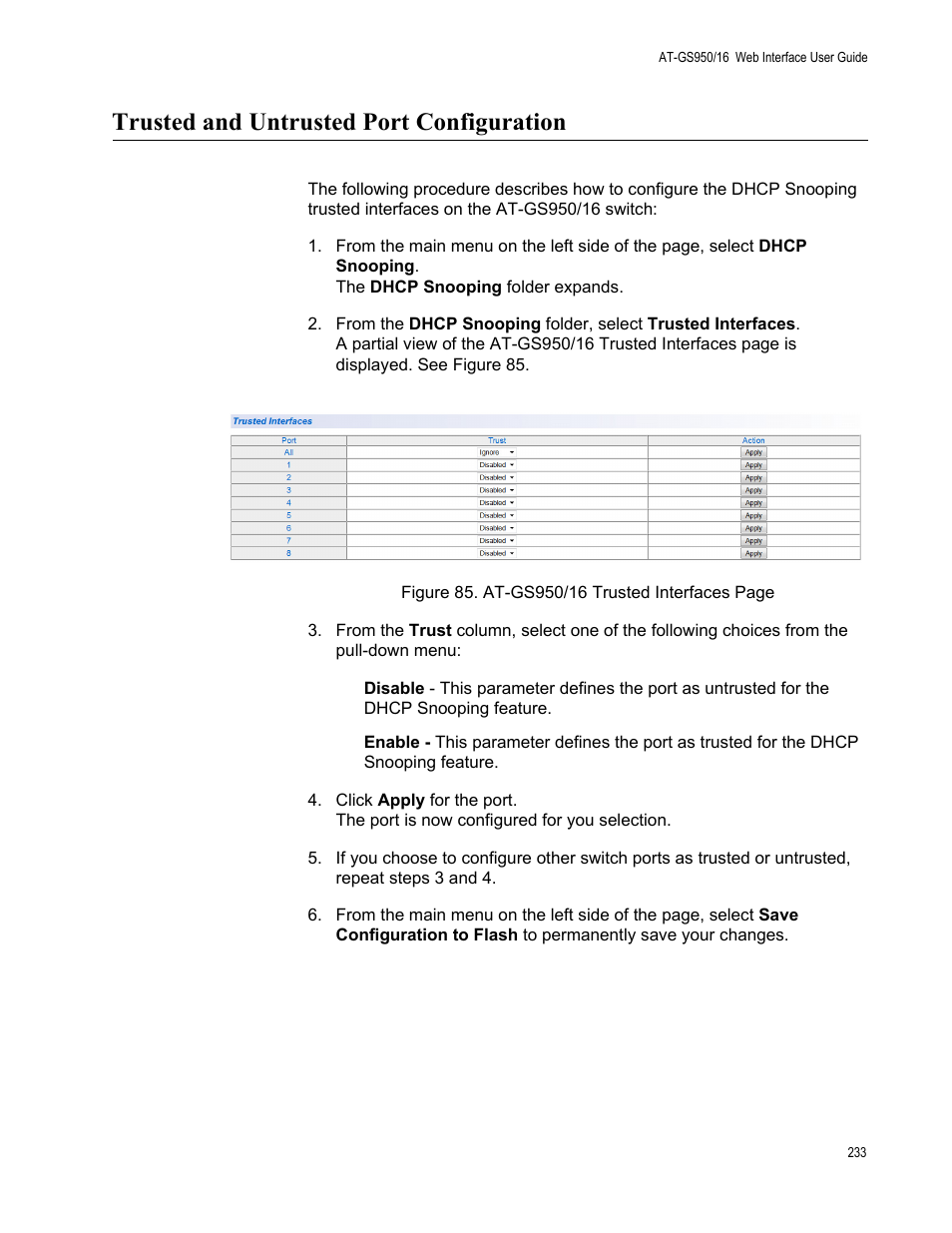 Trusted and untrusted port configuration | Allied Telesis AT-GS950/16 User Manual | Page 233 / 364