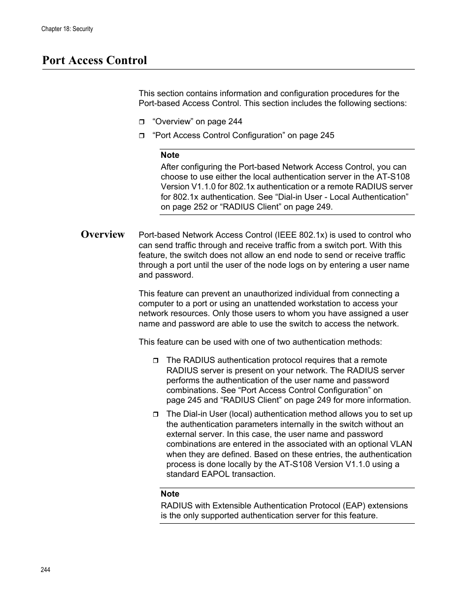 Port access control, Overview | Allied Telesis AT-GS950/16 User Manual | Page 244 / 364