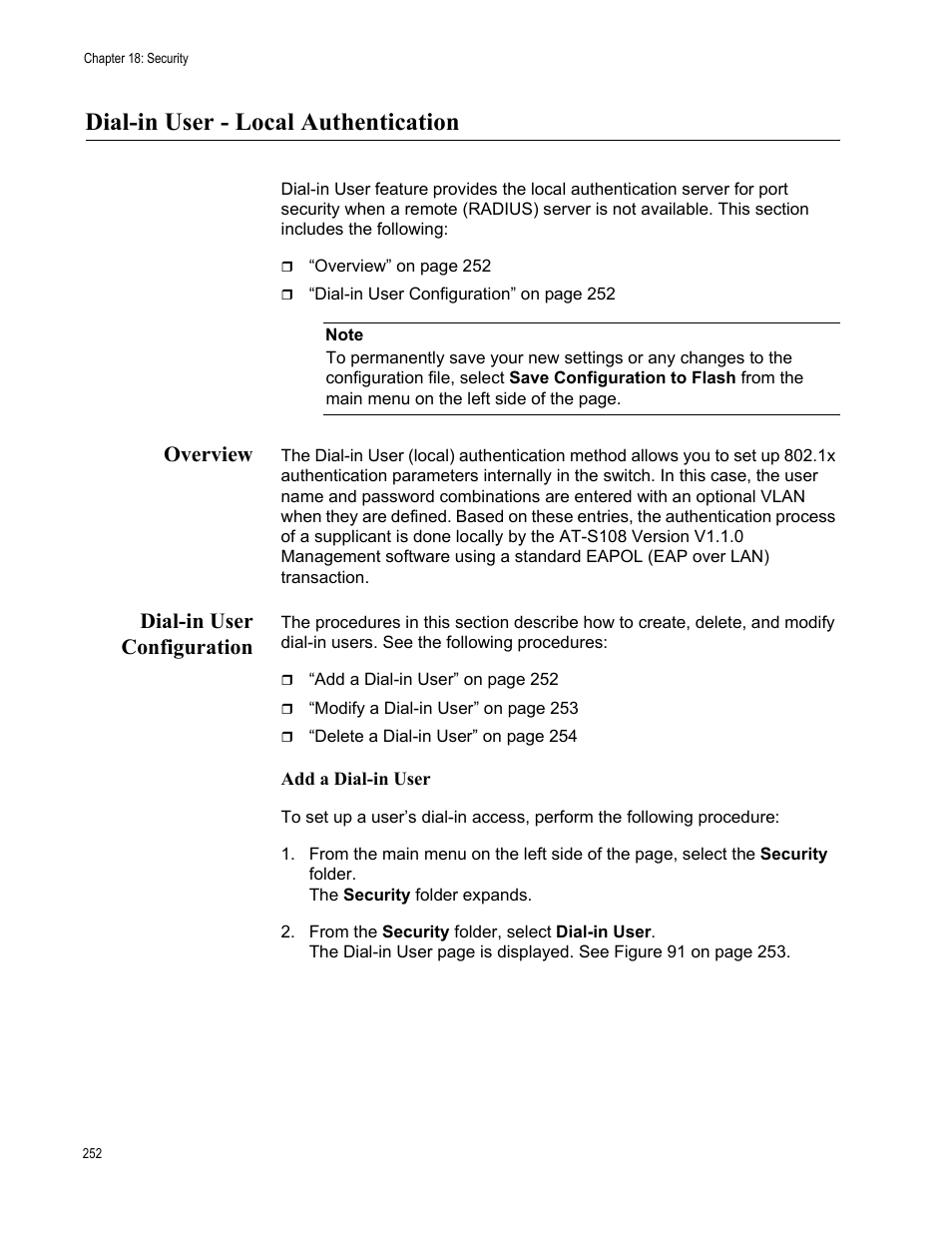 Dial-in user - local authentication, Overview, Dial-in user configuration | Overview dial-in user configuration | Allied Telesis AT-GS950/16 User Manual | Page 252 / 364