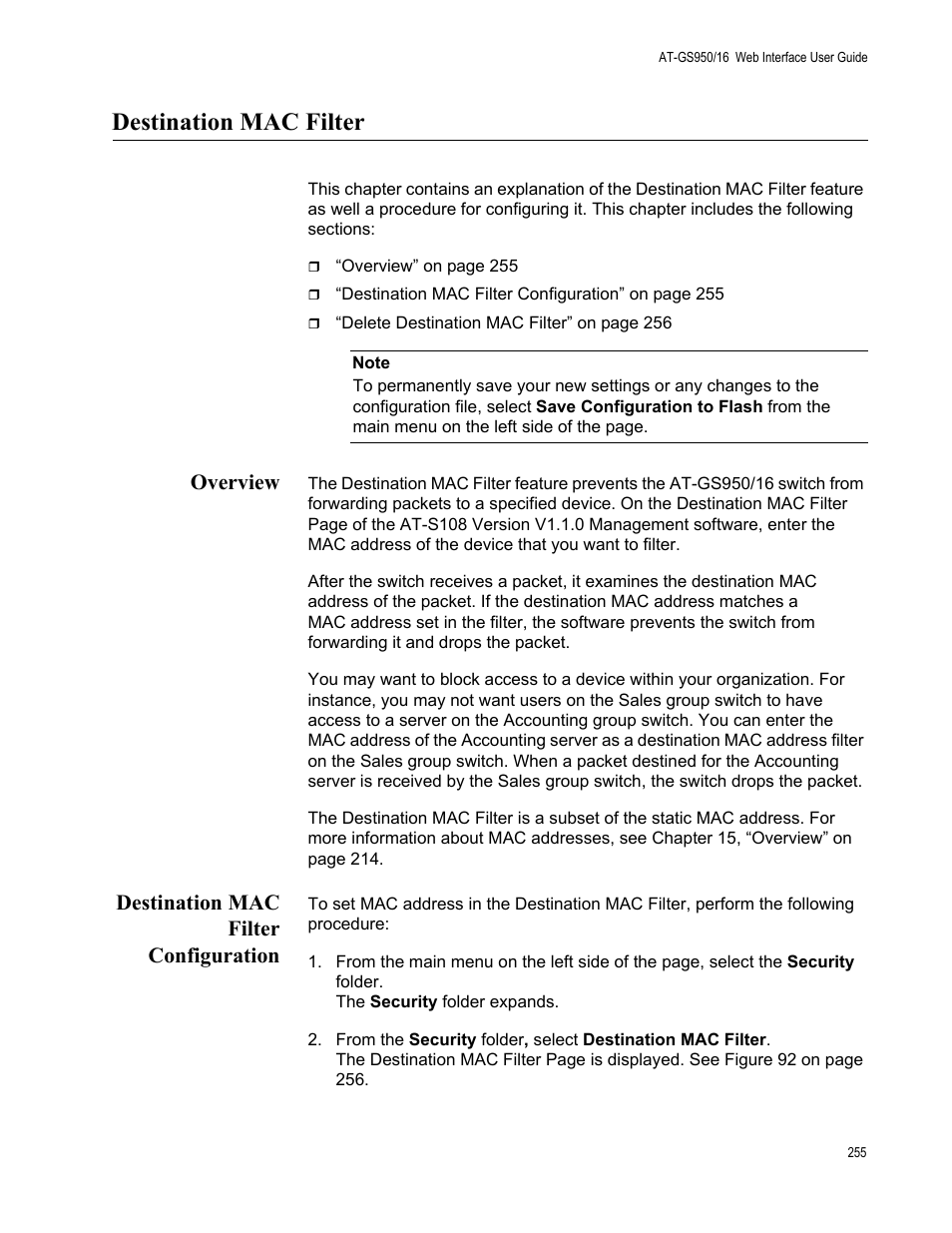 Destination mac filter, Overview, Destination mac filter configuration | Overview destination mac filter configuration | Allied Telesis AT-GS950/16 User Manual | Page 255 / 364