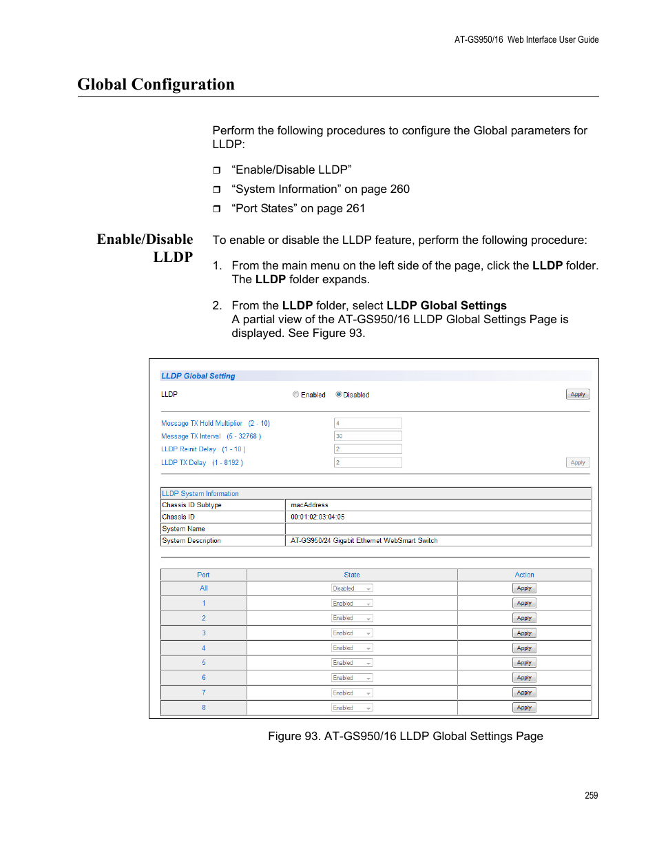 Global configuration, Enable/disable lldp | Allied Telesis AT-GS950/16 User Manual | Page 259 / 364