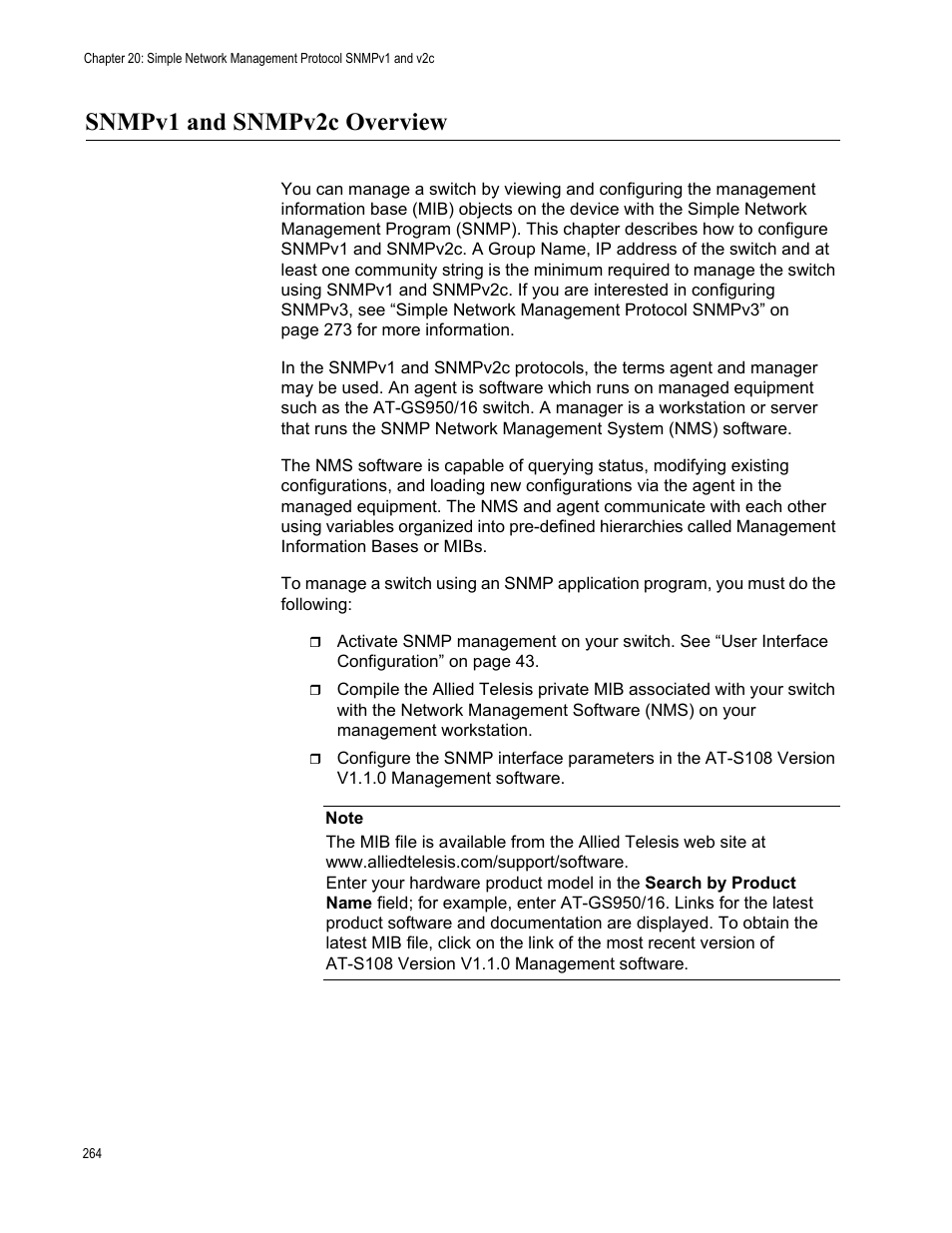 Snmpv1 and snmpv2c overview | Allied Telesis AT-GS950/16 User Manual | Page 264 / 364