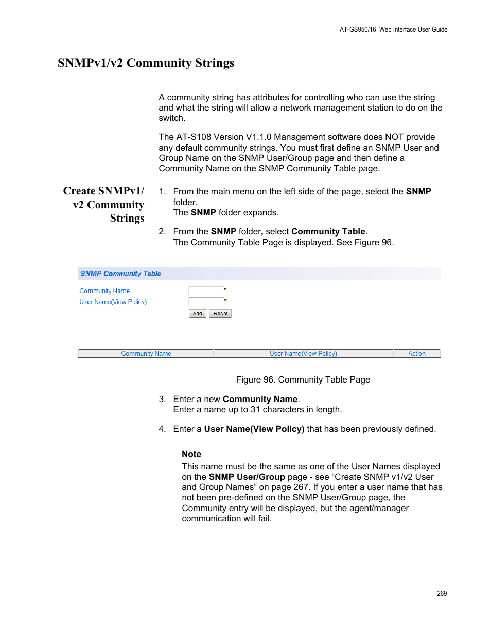 Snmpv1/v2 community strings, Create snmpv1/ v2 community strings, Create snmpv1/v2 community strings | Allied Telesis AT-GS950/16 User Manual | Page 269 / 364