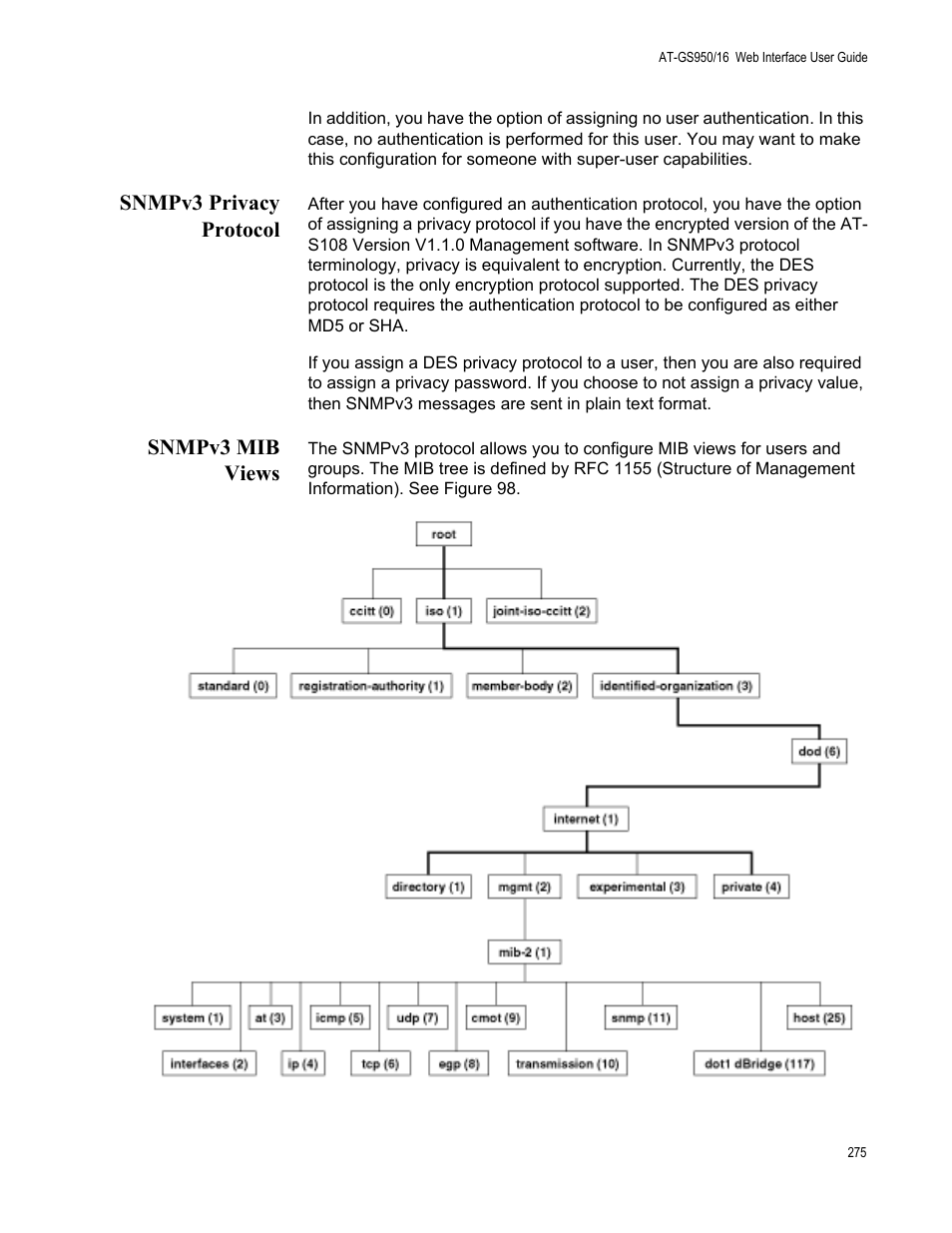 Snmpv3 privacy protocol, Snmpv3 mib views, Snmpv3 privacy protocol snmpv3 mib views | Allied Telesis AT-GS950/16 User Manual | Page 275 / 364