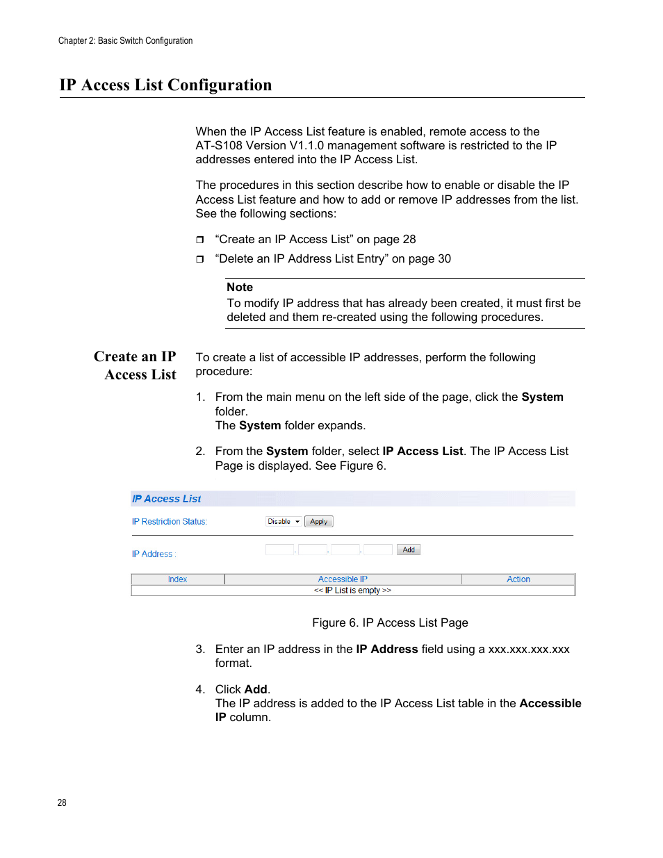 Ip access list configuration, Create an ip access list | Allied Telesis AT-GS950/16 User Manual | Page 28 / 364