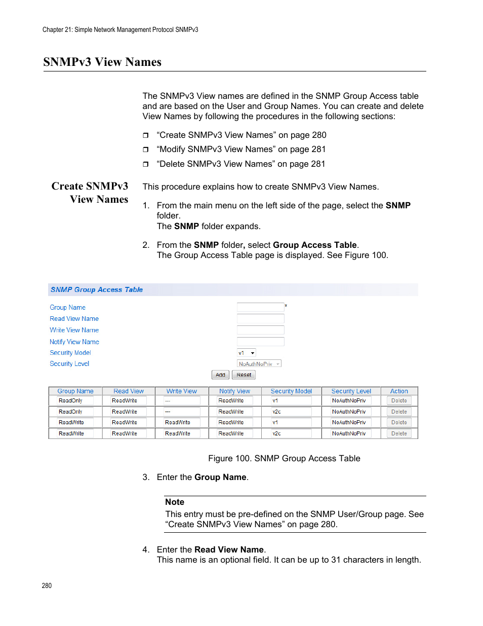 Snmpv3 view names, Create snmpv3 view names, Figure 100. snmp group access table | Allied Telesis AT-GS950/16 User Manual | Page 280 / 364