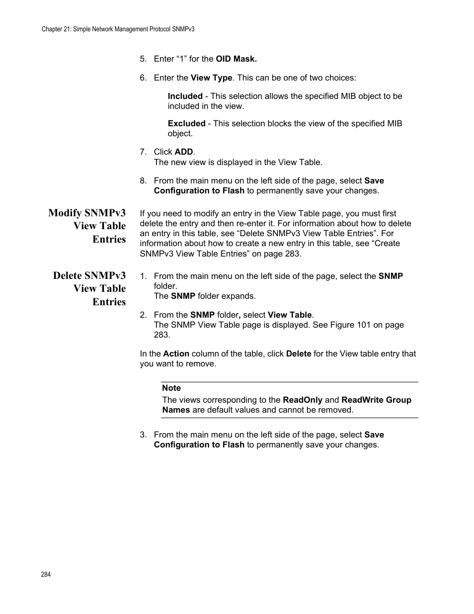 Modify snmpv3 view table entries, Delete snmpv3 view table entries | Allied Telesis AT-GS950/16 User Manual | Page 284 / 364