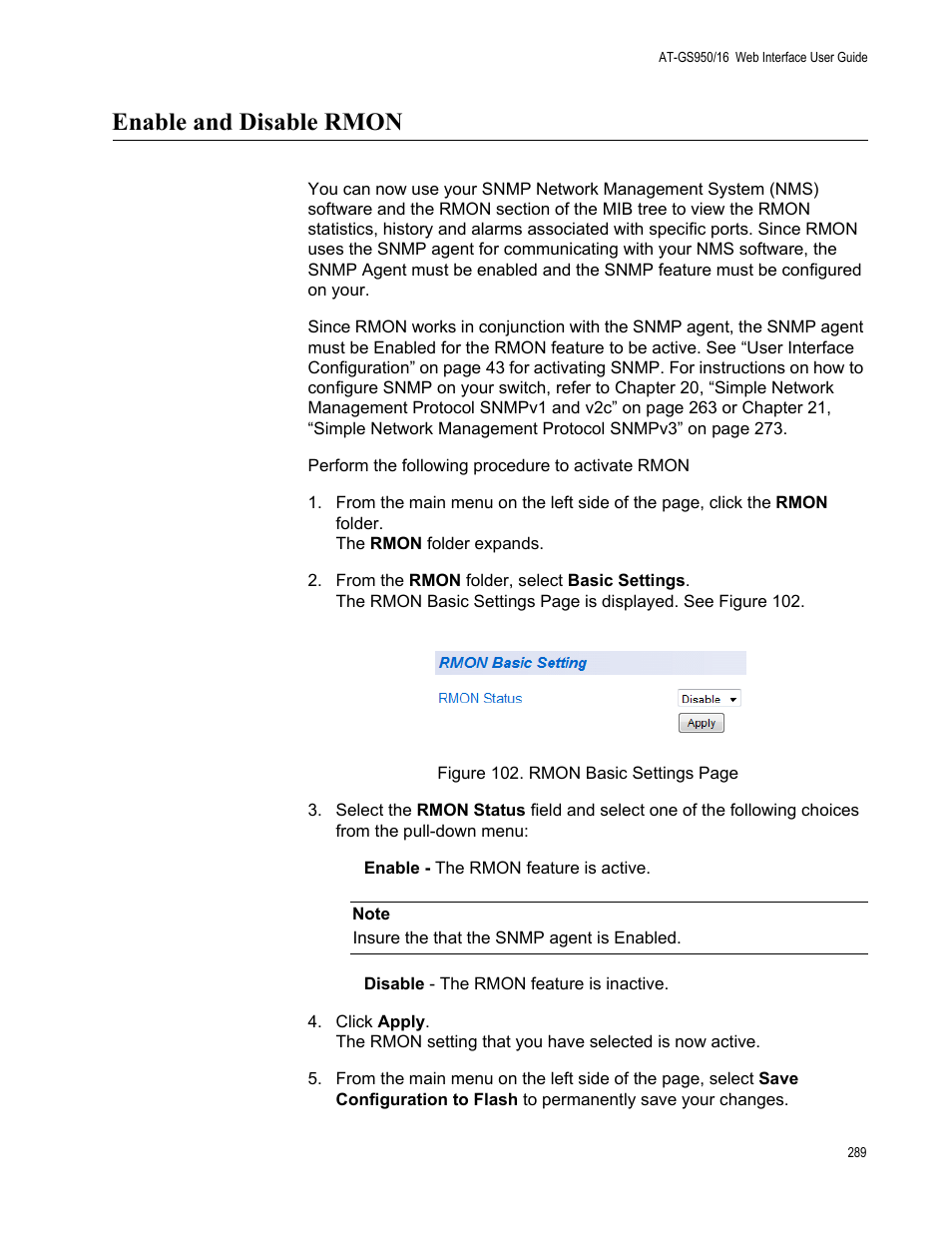 Enable and disable rmon | Allied Telesis AT-GS950/16 User Manual | Page 289 / 364
