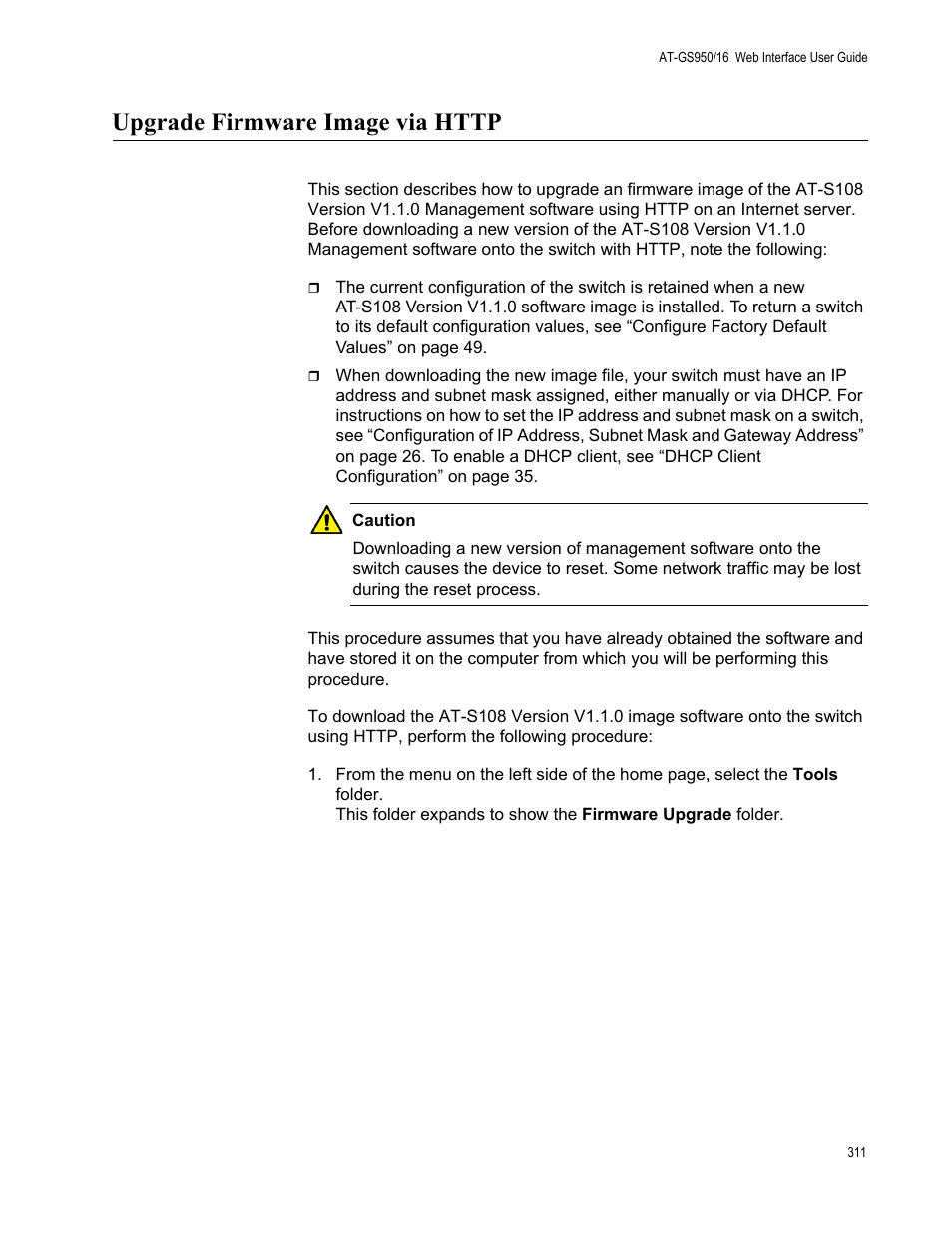 Upgrade firmware image via http | Allied Telesis AT-GS950/16 User Manual | Page 311 / 364