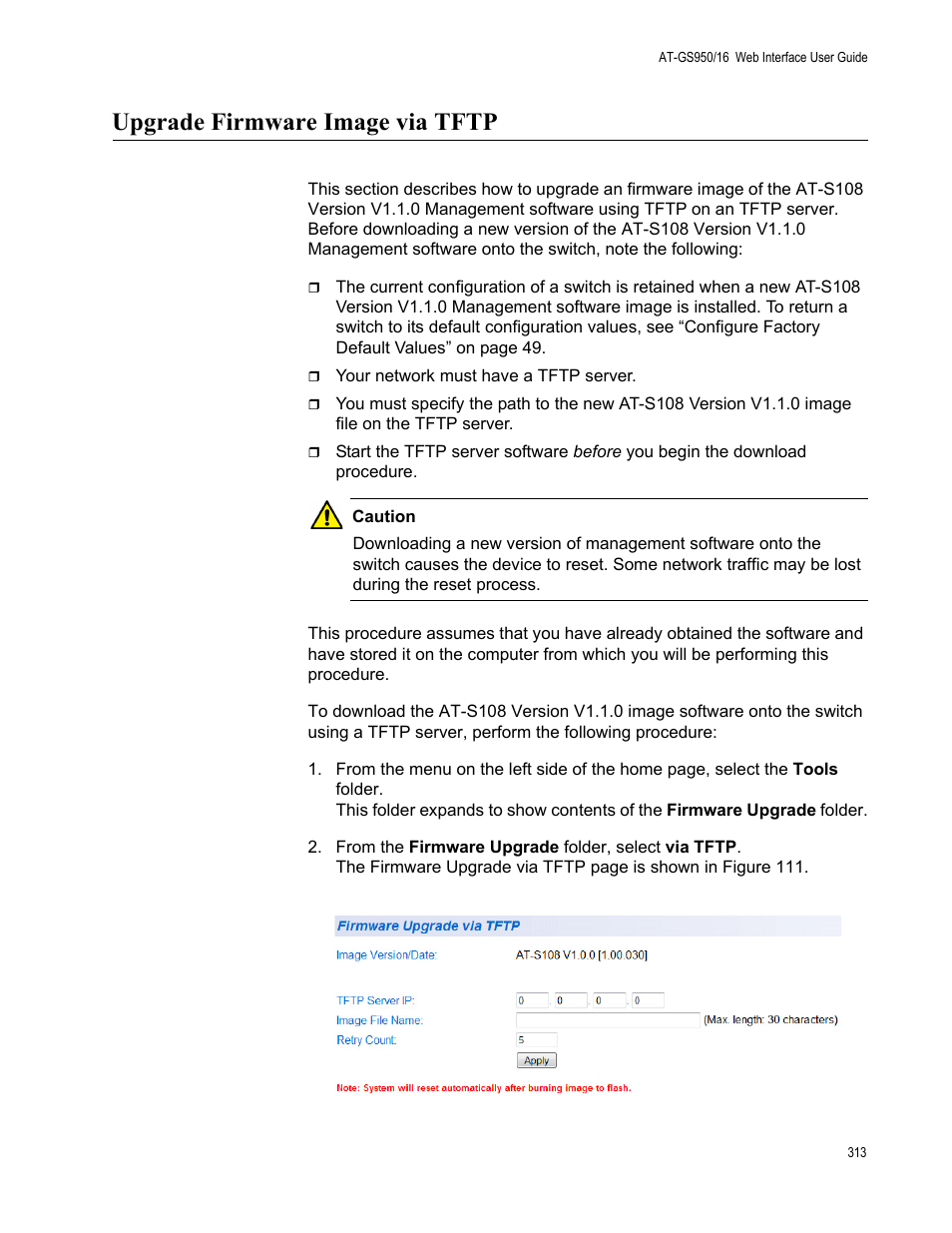 Upgrade firmware image via tftp | Allied Telesis AT-GS950/16 User Manual | Page 313 / 364