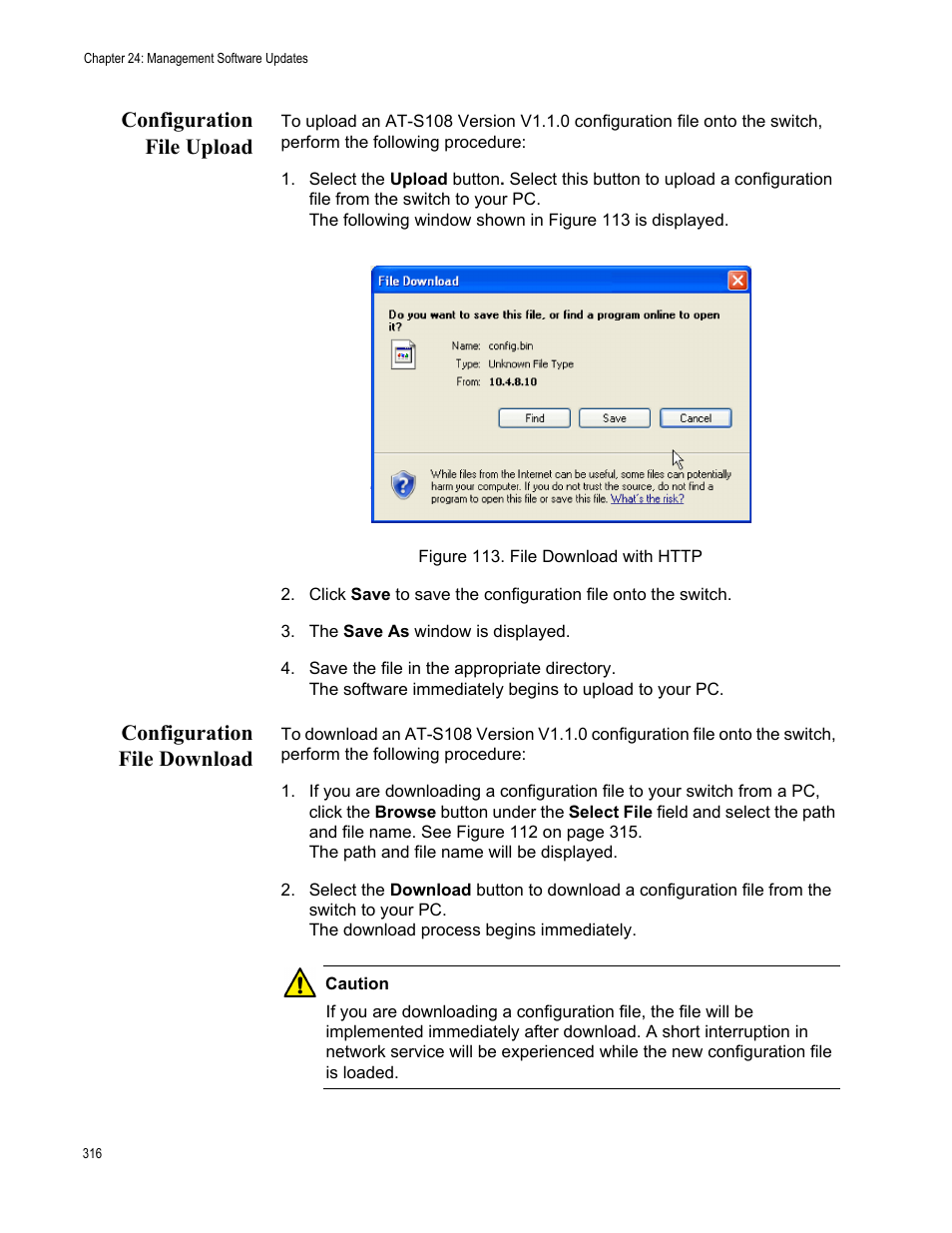 Configuration file upload, Configuration file download, Figure 113. file download with http | Allied Telesis AT-GS950/16 User Manual | Page 316 / 364