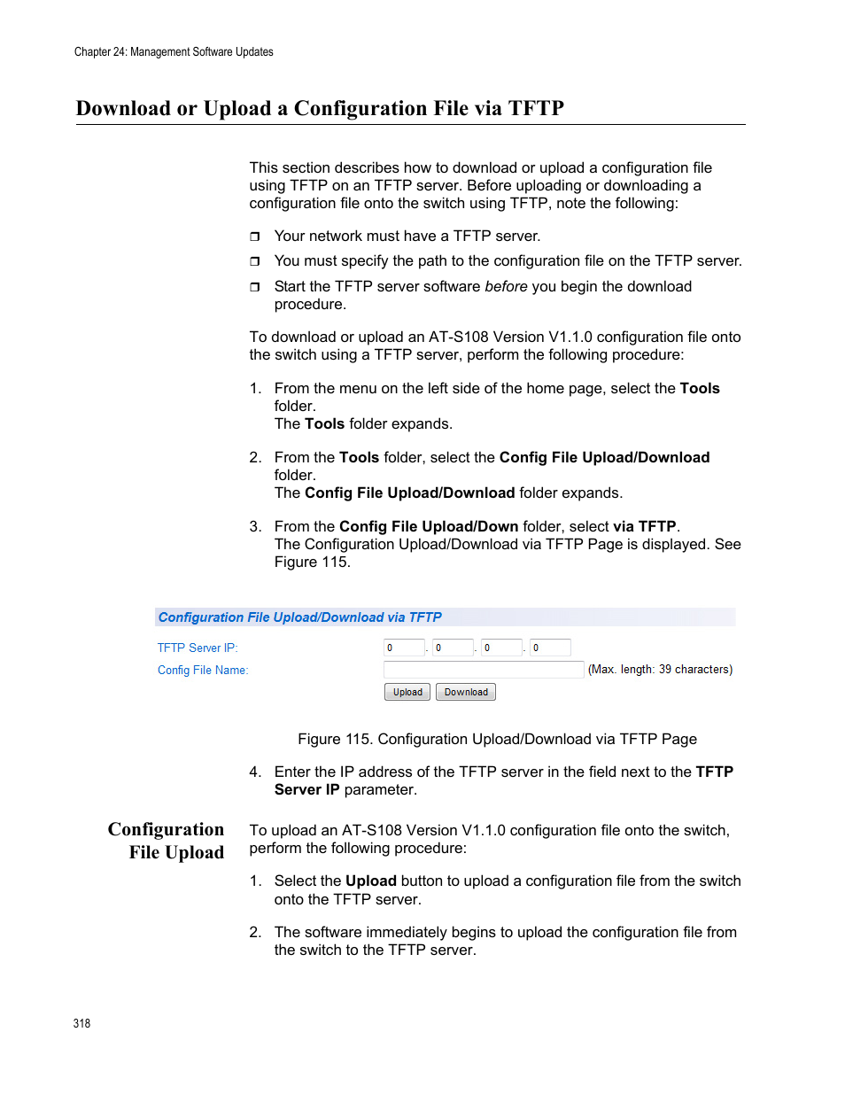 Download or upload a configuration file via tftp, Configuration file upload | Allied Telesis AT-GS950/16 User Manual | Page 318 / 364