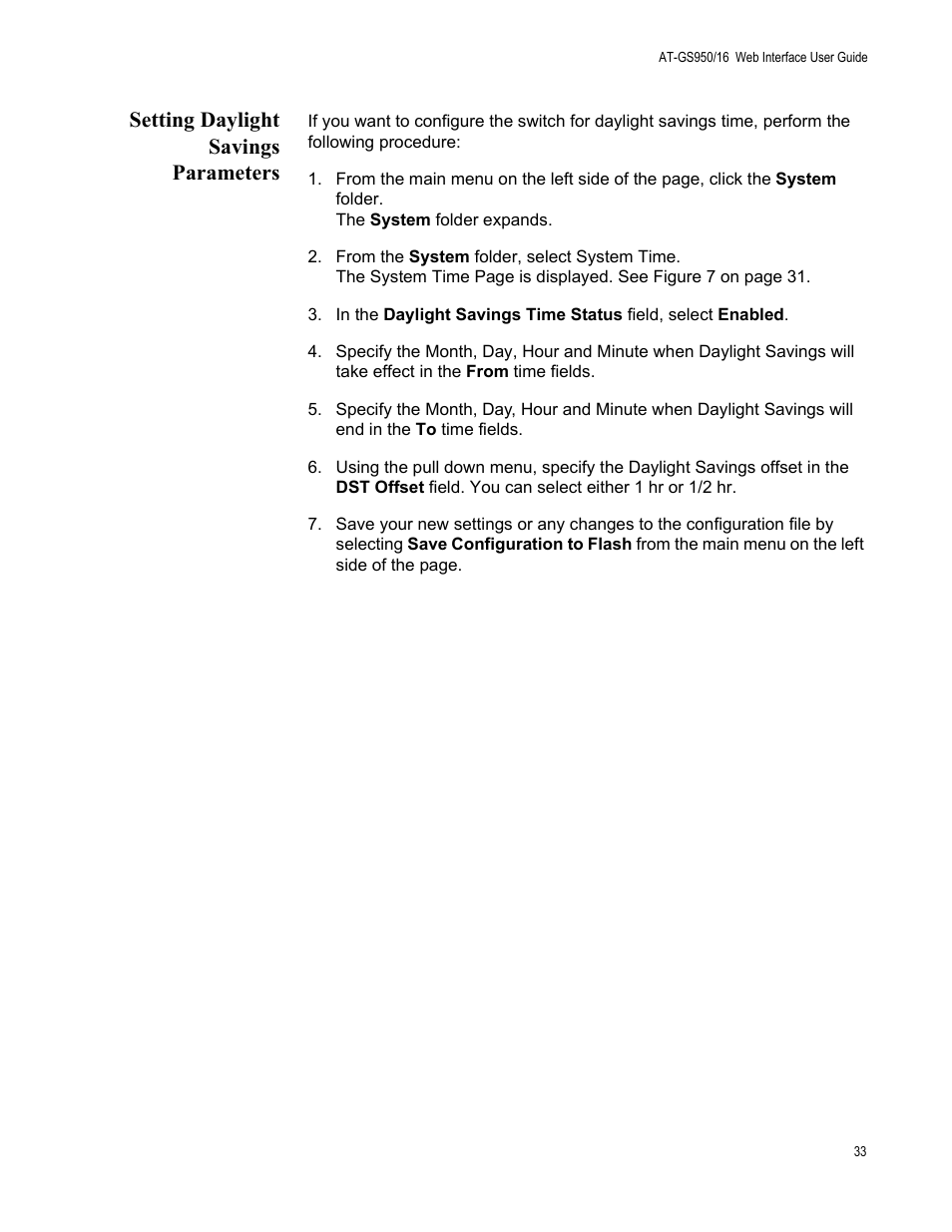 Setting daylight savings parameters | Allied Telesis AT-GS950/16 User Manual | Page 33 / 364