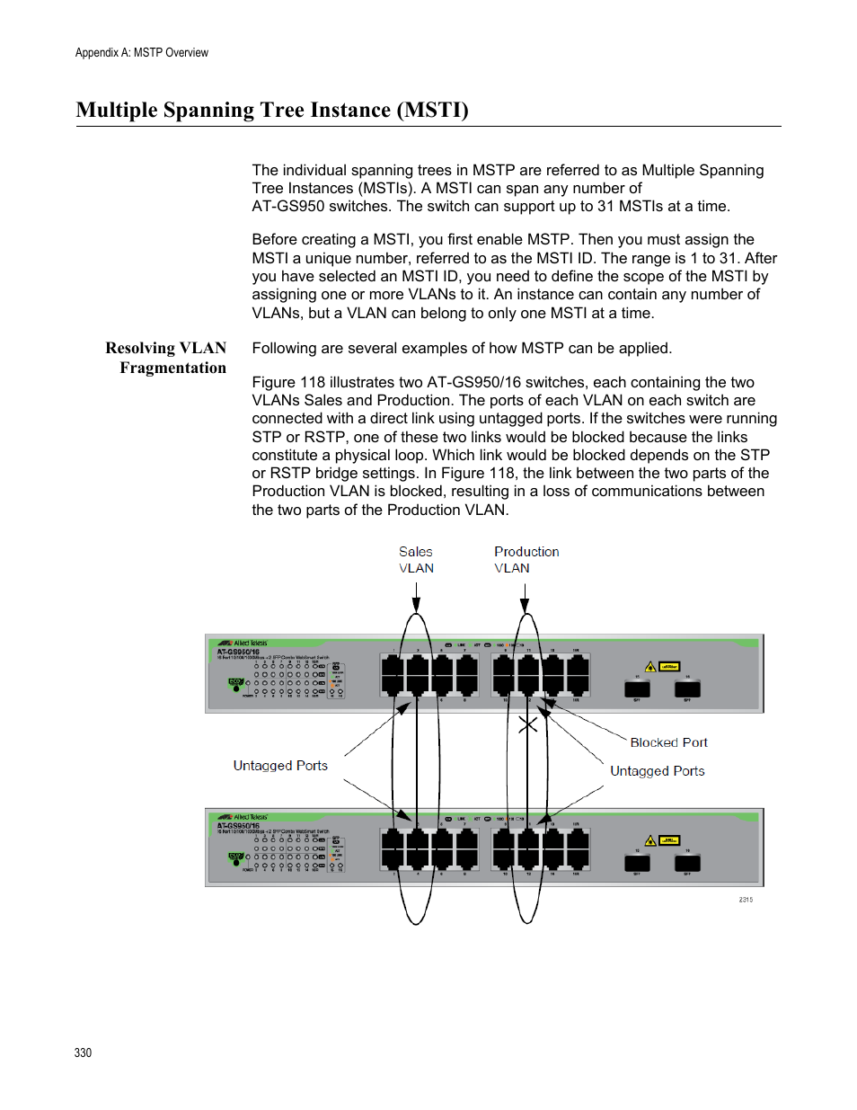 Multiple spanning tree instance (msti), Resolving vlan fragmentation | Allied Telesis AT-GS950/16 User Manual | Page 330 / 364