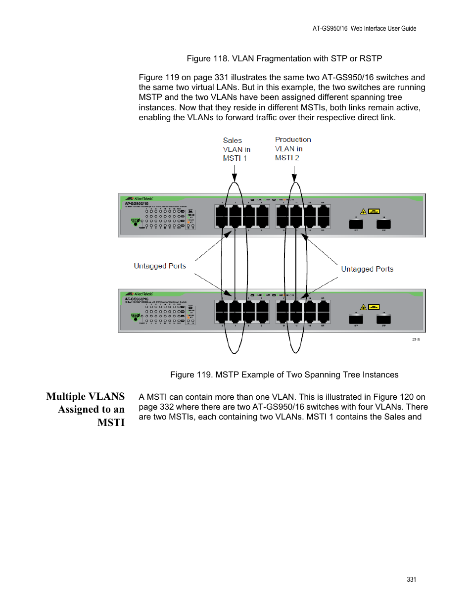 Multiple vlans assigned to an msti | Allied Telesis AT-GS950/16 User Manual | Page 331 / 364