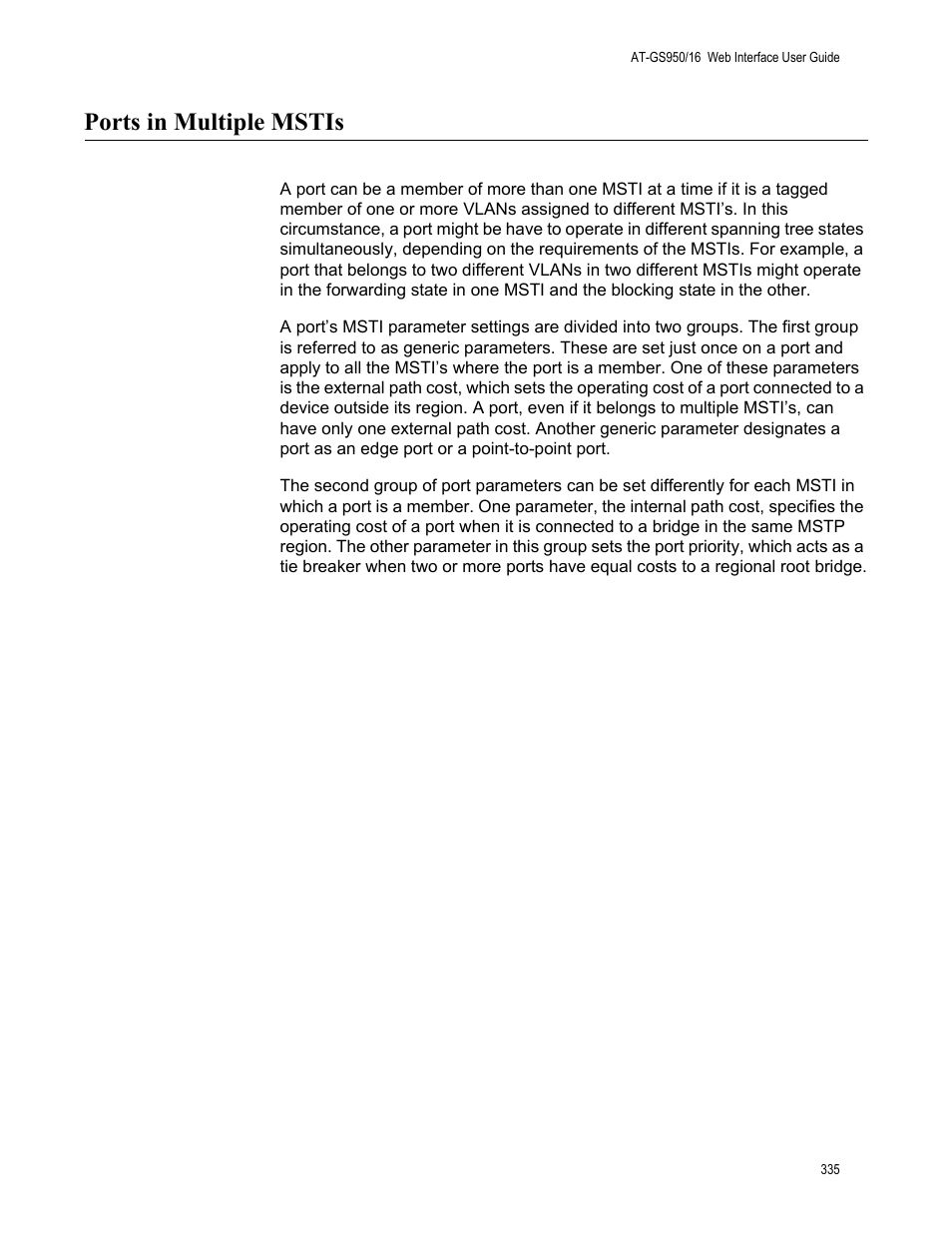 Ports in multiple mstis | Allied Telesis AT-GS950/16 User Manual | Page 335 / 364