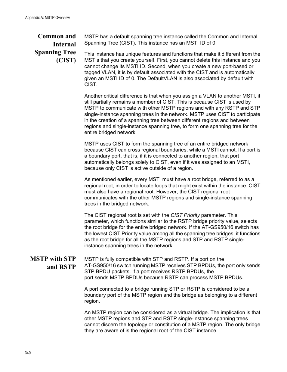 Common and internal spanning tree (cist), Mstp with stp and rstp | Allied Telesis AT-GS950/16 User Manual | Page 340 / 364