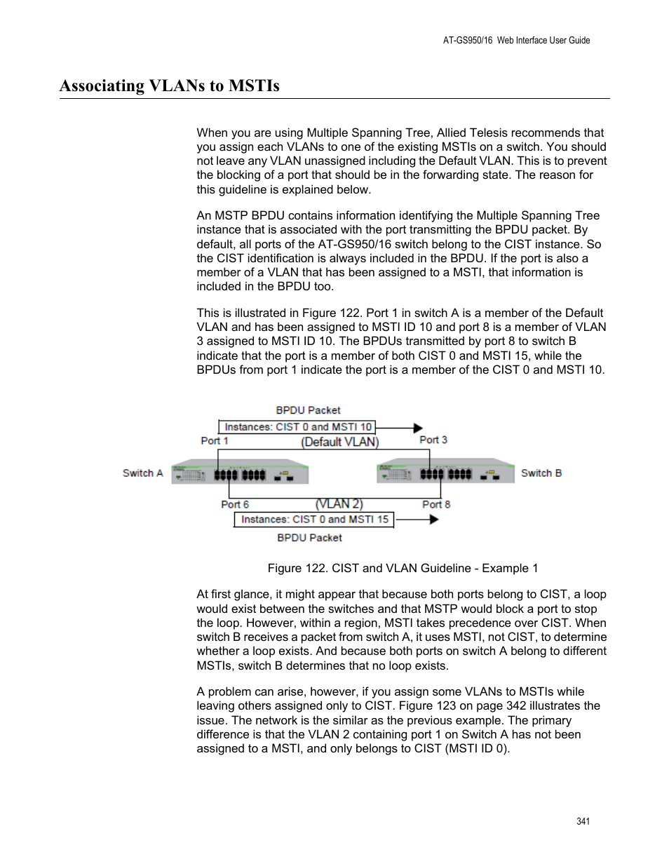 Associating vlans to mstis, Figure 122. cist and vlan guideline - example 1 | Allied Telesis AT-GS950/16 User Manual | Page 341 / 364