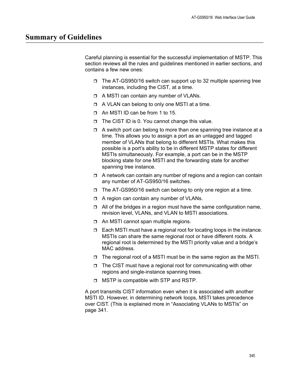 Summary of guidelines | Allied Telesis AT-GS950/16 User Manual | Page 345 / 364