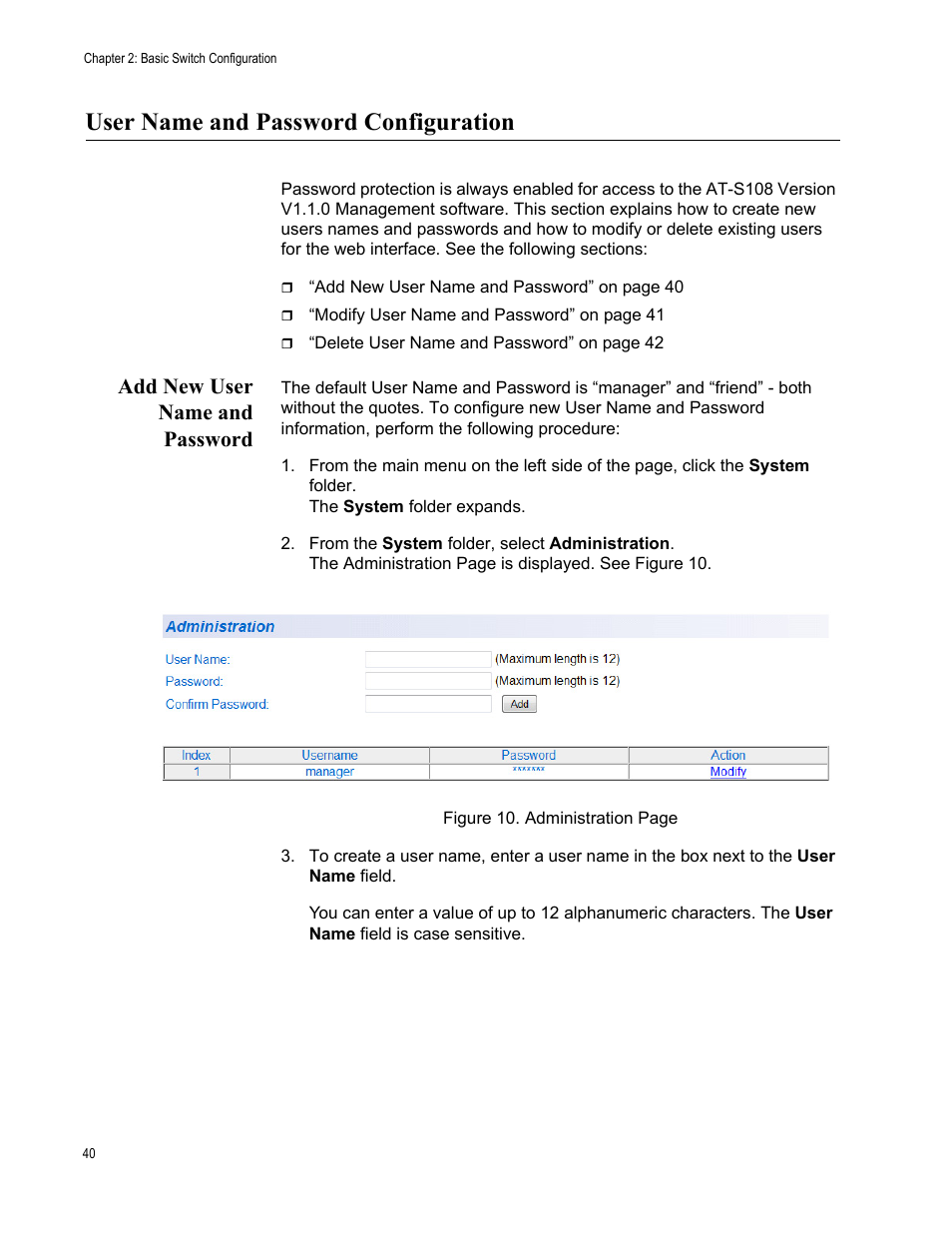 User name and password configuration, Add new user name and password | Allied Telesis AT-GS950/16 User Manual | Page 40 / 364