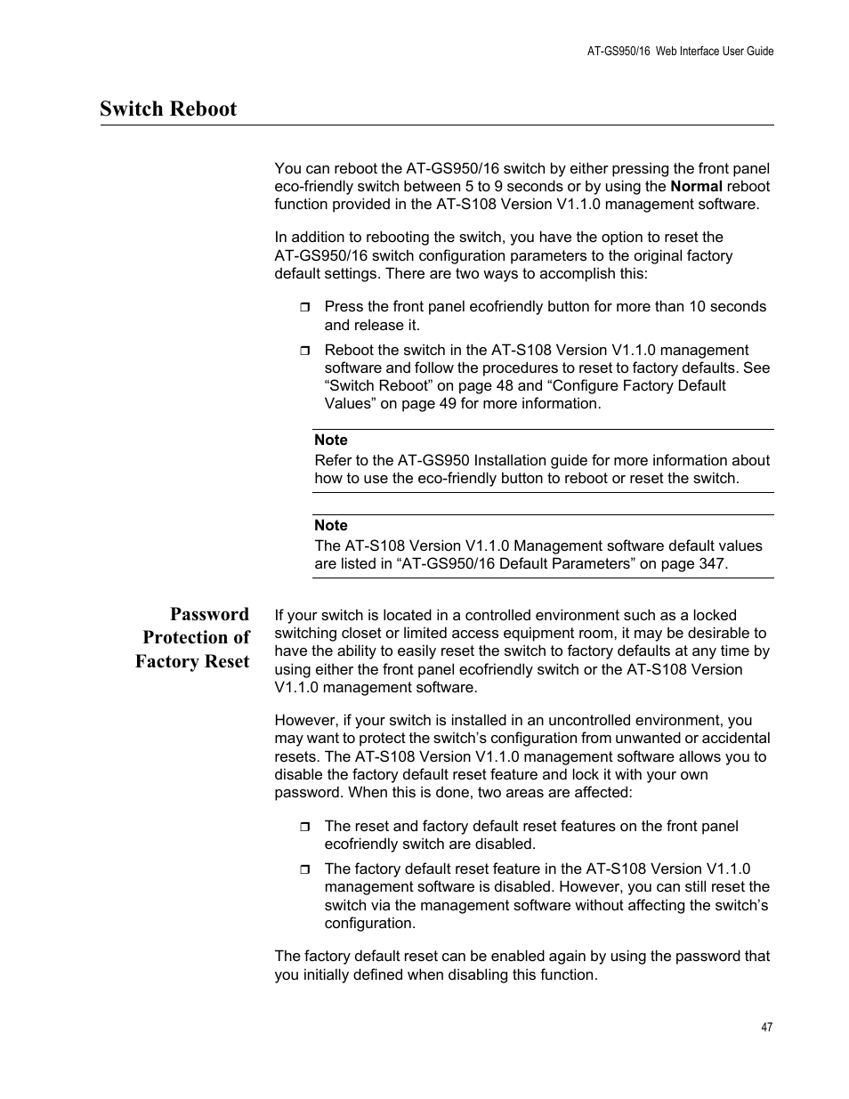 Switch reboot, Password protection of factory reset | Allied Telesis AT-GS950/16 User Manual | Page 47 / 364