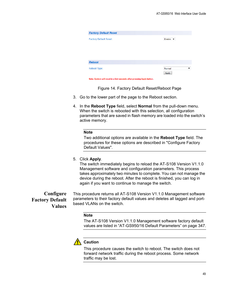 Configure factory default values | Allied Telesis AT-GS950/16 User Manual | Page 49 / 364