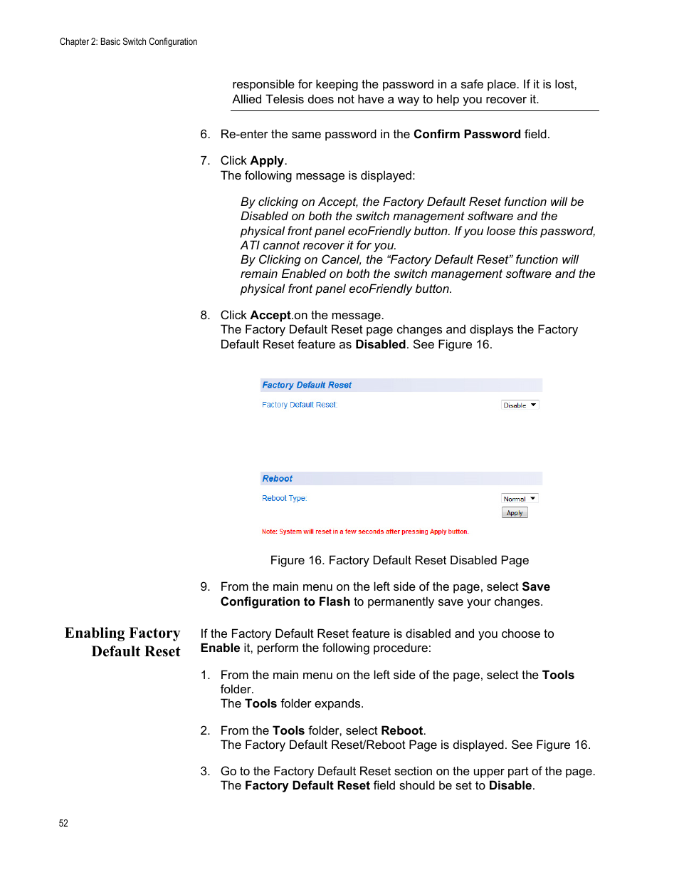 Enabling factory default reset | Allied Telesis AT-GS950/16 User Manual | Page 52 / 364