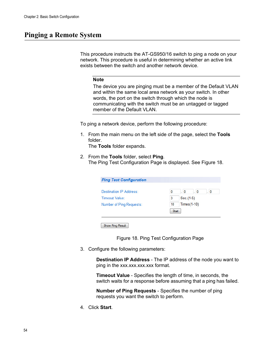 Pinging a remote system | Allied Telesis AT-GS950/16 User Manual | Page 54 / 364