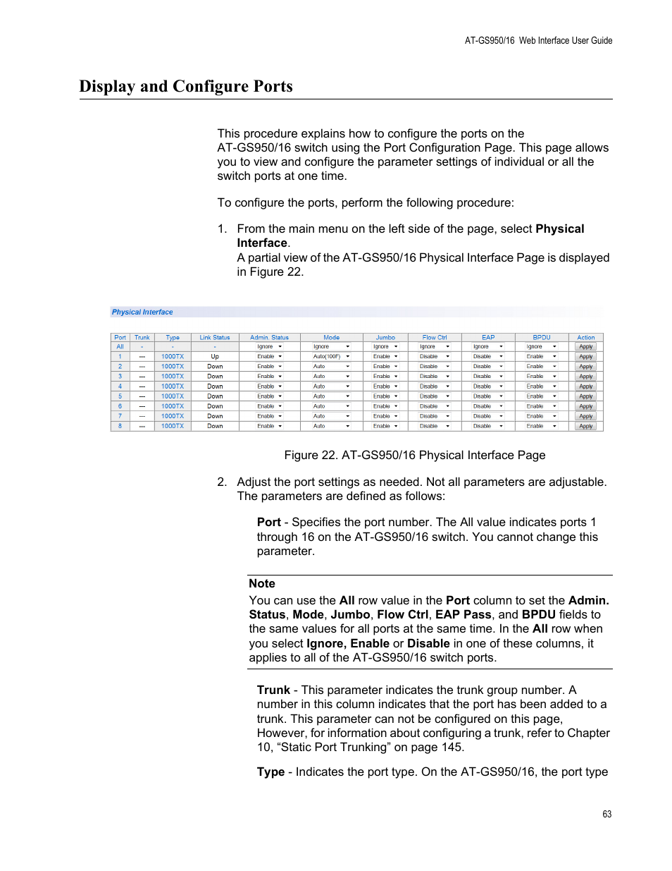 Display and configure ports | Allied Telesis AT-GS950/16 User Manual | Page 63 / 364