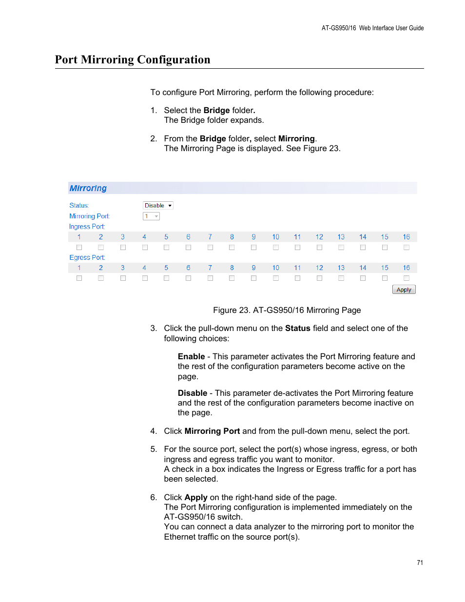 Port mirroring configuration | Allied Telesis AT-GS950/16 User Manual | Page 71 / 364